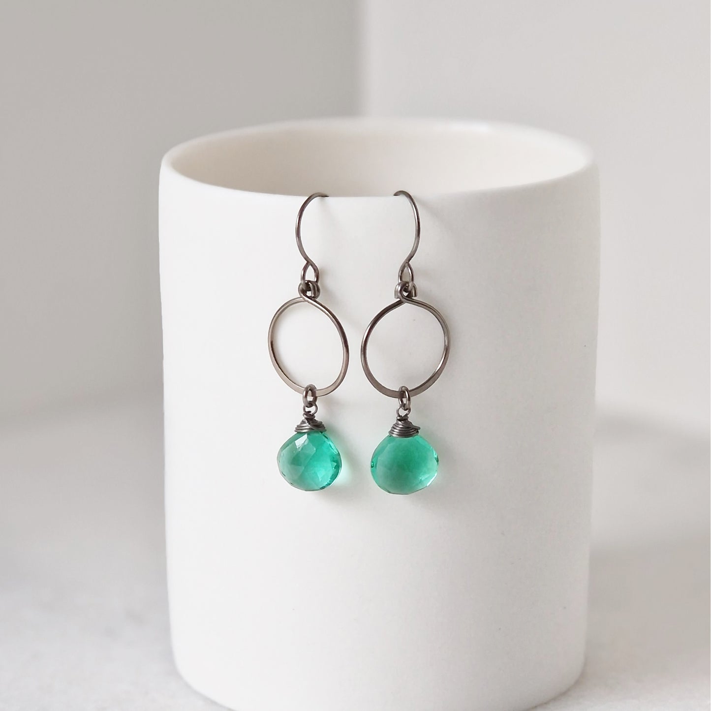 Titanium Earrings Circle with Emerald Green Quartz