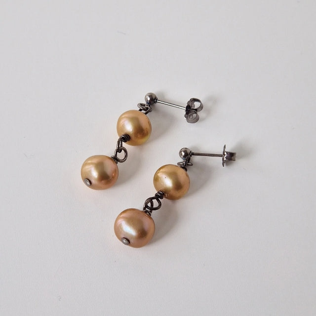 Titanium Post Earrings with two Chamapgne Pearl Dangle