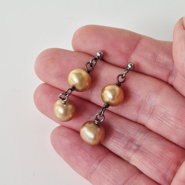 Titanium Post Earrings with two Chamapgne Pearl Dangle