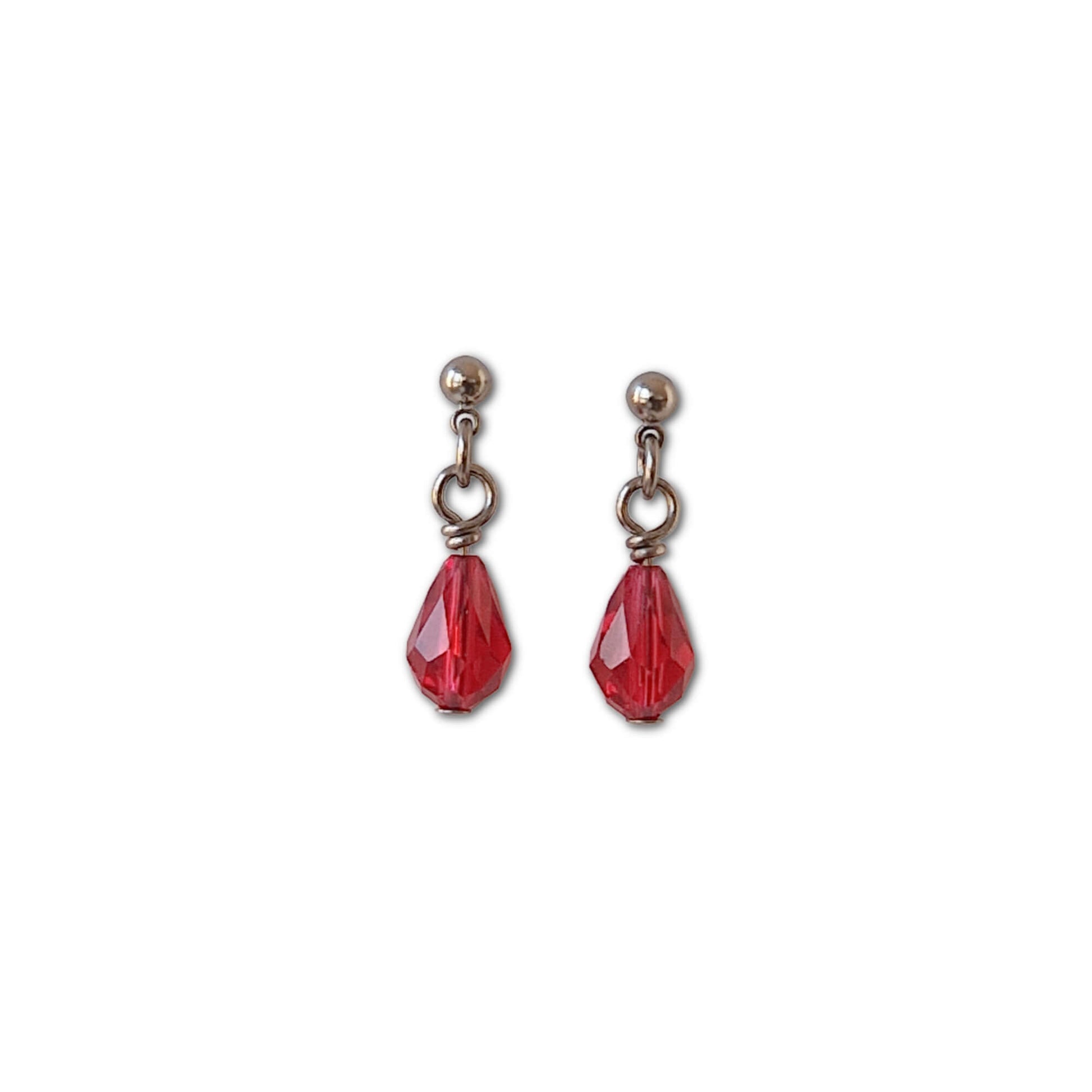 Titanium Stud Earrings with Dangling Ruby Red Crystal Drops
