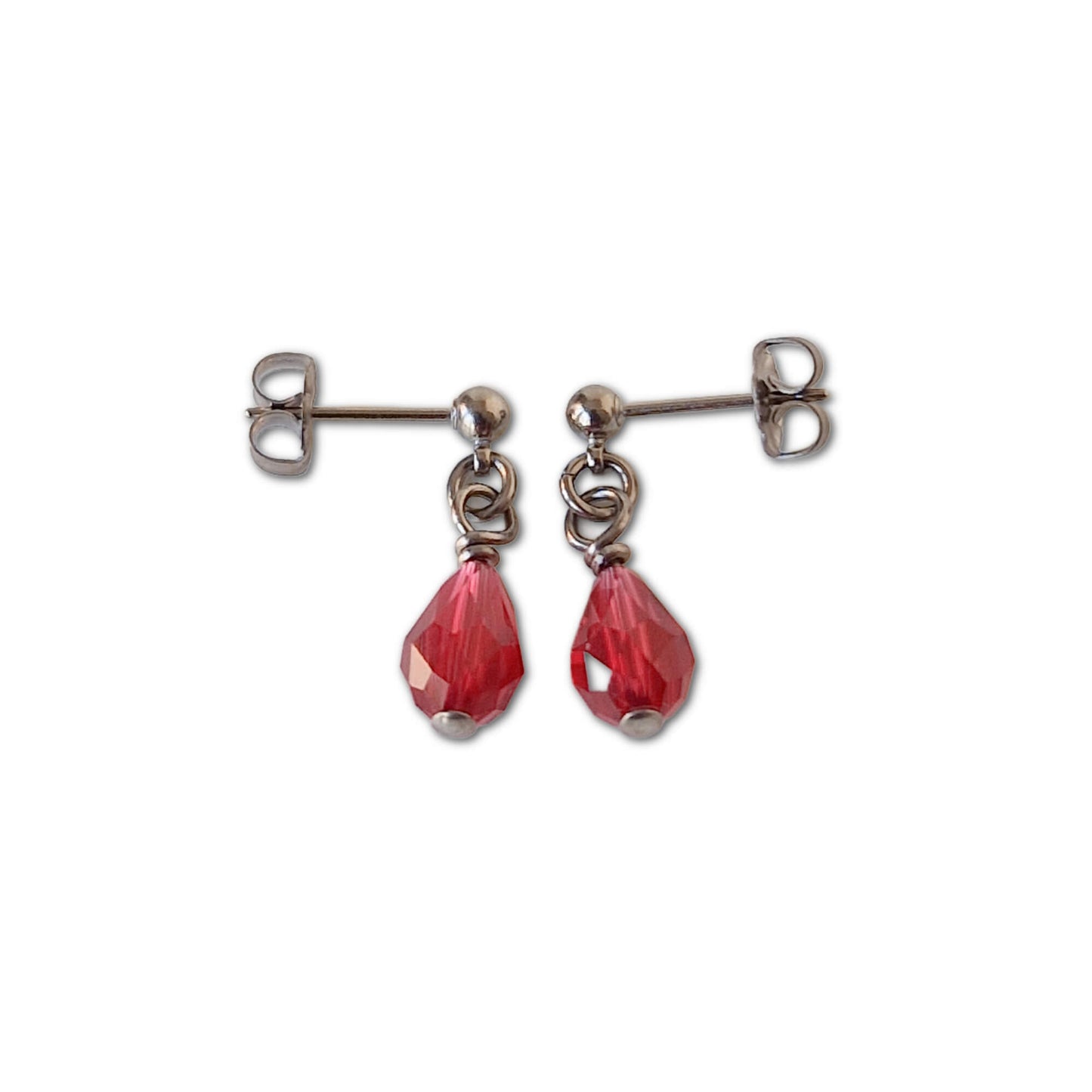 Titanium Post Earrings with Dangling Ruby Red Rhinestone Teardrops