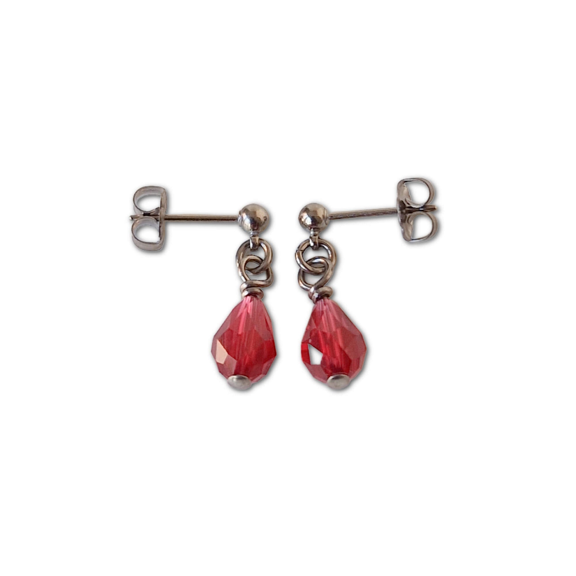 Titanium Post Earrings with Dangling Ruby Red Rhinestone Teardrops
