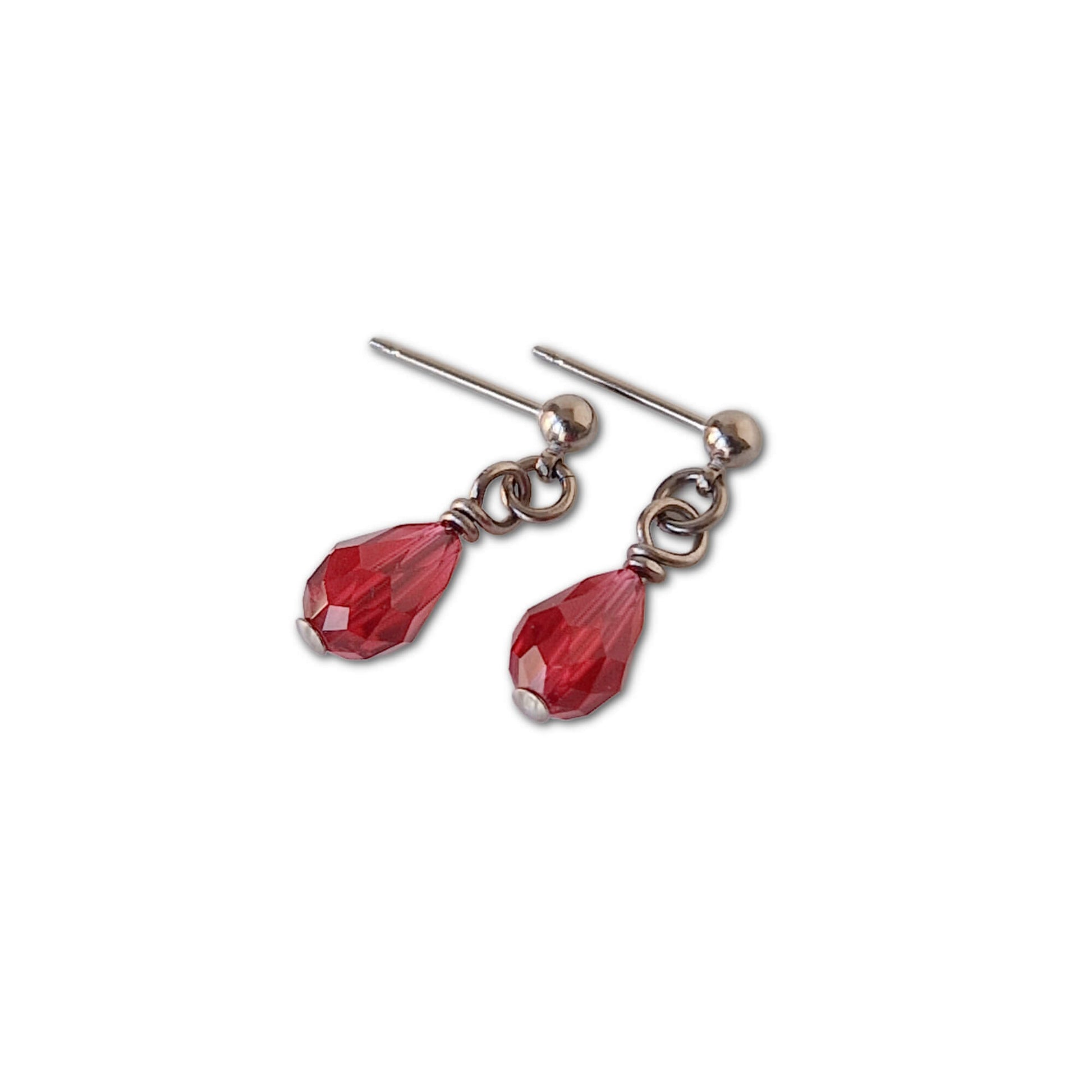 Nickel Free Titanium Post Stud Earrings with Dangling Ruby Red Crystal Teardrops
