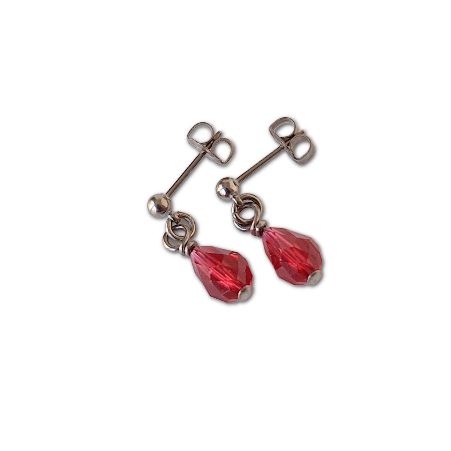 Hypoallergenic Titanium Stud Earrings with Dangling Austrian Ruby Red Crystal Teardrops