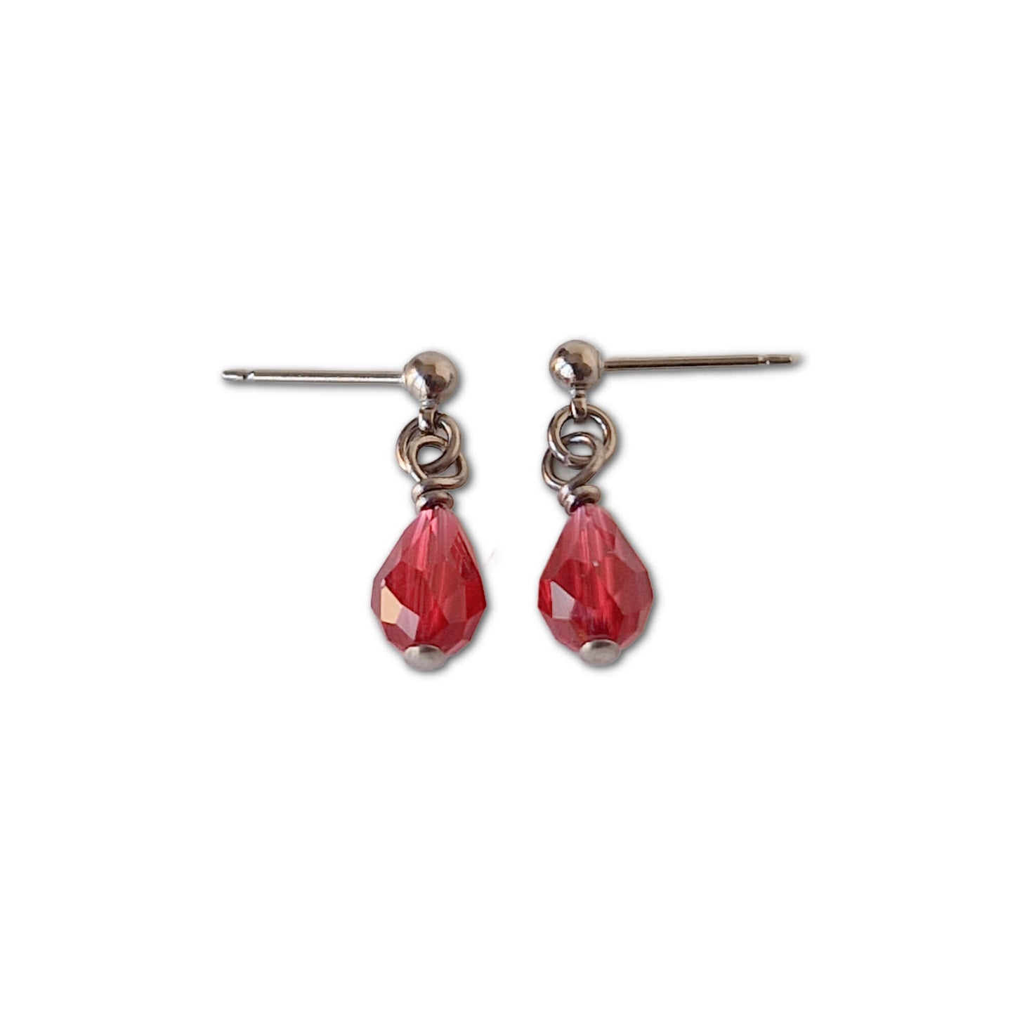 Non Allergenic Titanium Stud Earrings with Dangling Ruby Red Crystal Teardrop Charms