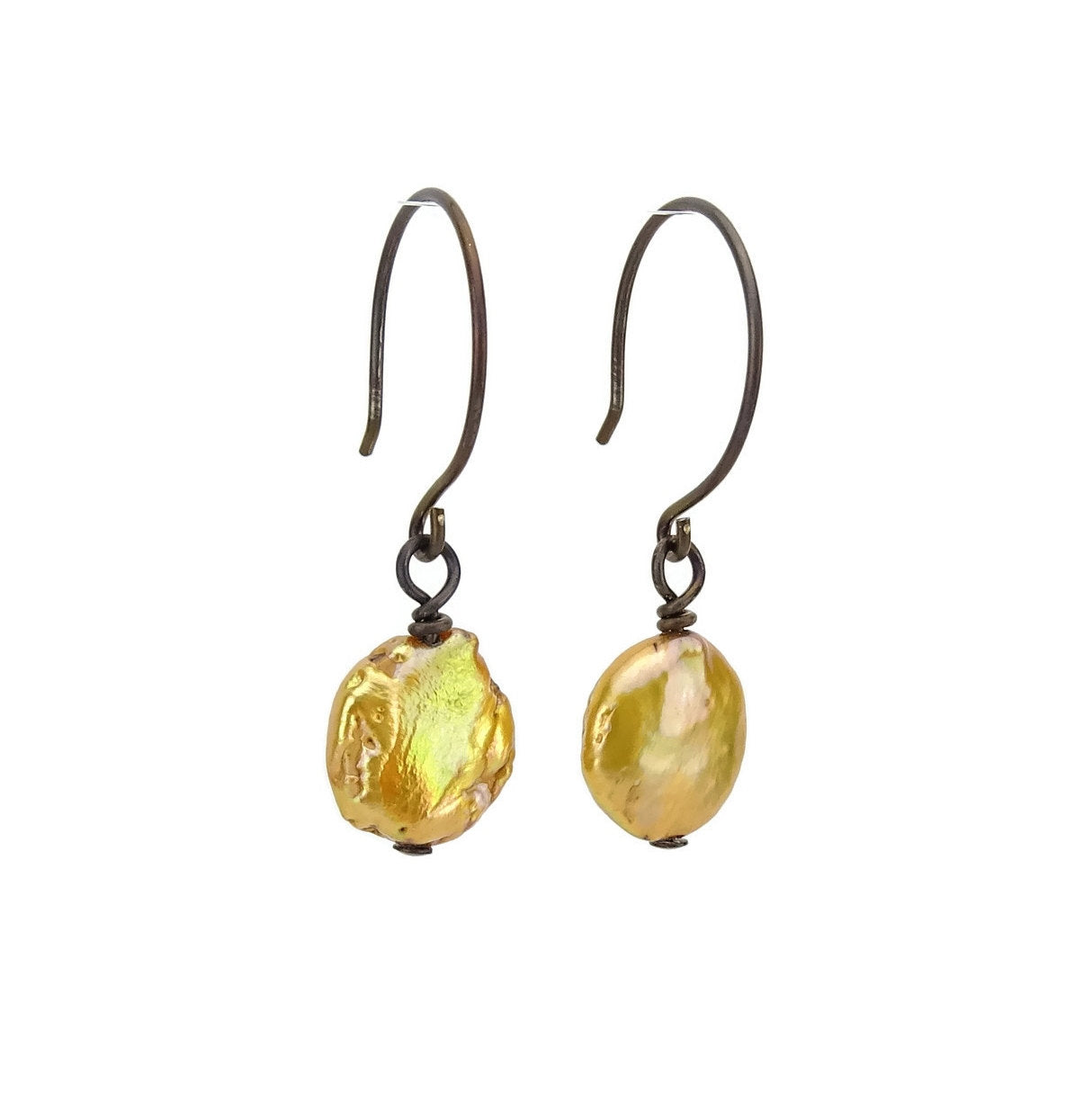 Gold Coin Pearls Niobium Earrings, Hypoallergenic Nickel Free Earrings for Sensitive Ears, Freshwater Pearl, Bronze Brown Niobium Jewelry