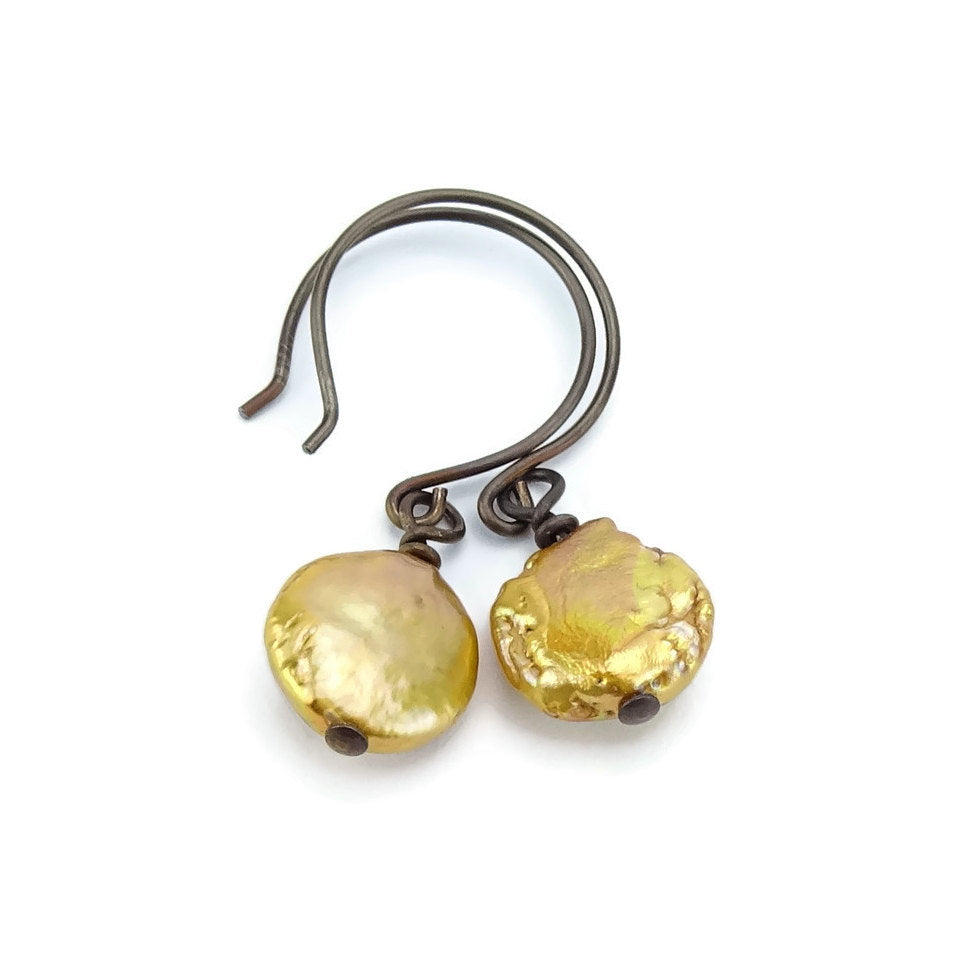 Gold Coin Pearls Niobium Earrings, Hypoallergenic Nickel Free Earrings for Sensitive Ears, Freshwater Pearl, Bronze Brown Niobium Jewelry