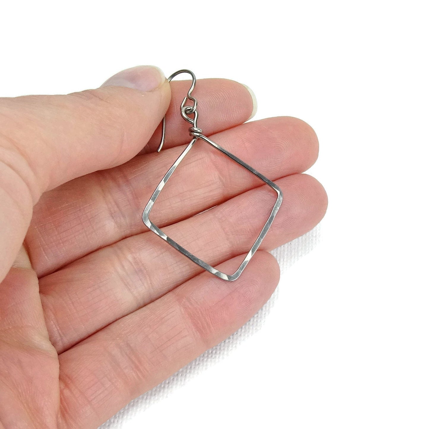 Niobium Square Earrings, Hammered Niobium Diamond Shaped Hypoallergenic Earrings for Sensitive Ears, Niobium or Titanium Earrings