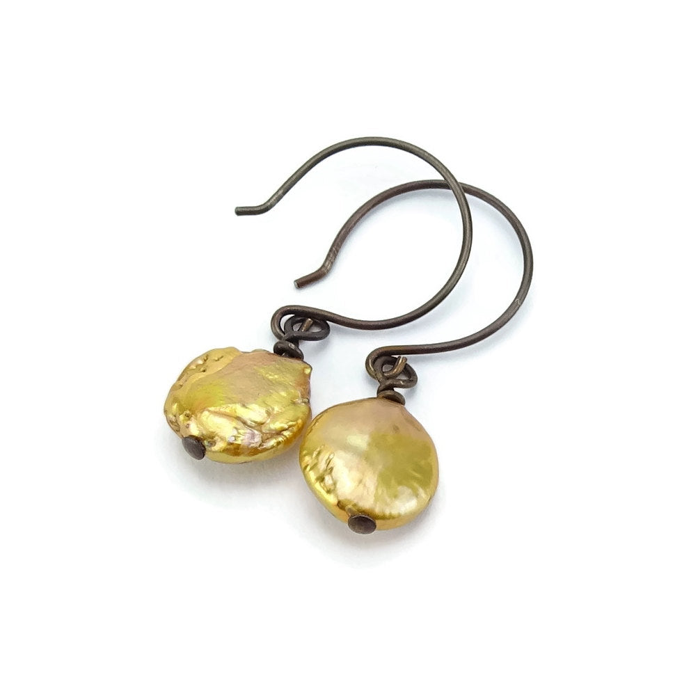 Gold Coin Pearls Niobium Earrings, Hypoallergenic Nickel Free Earrings for Sensitive Ears, Freshwater Pearl, Bronze Brown Niobium Jewelry