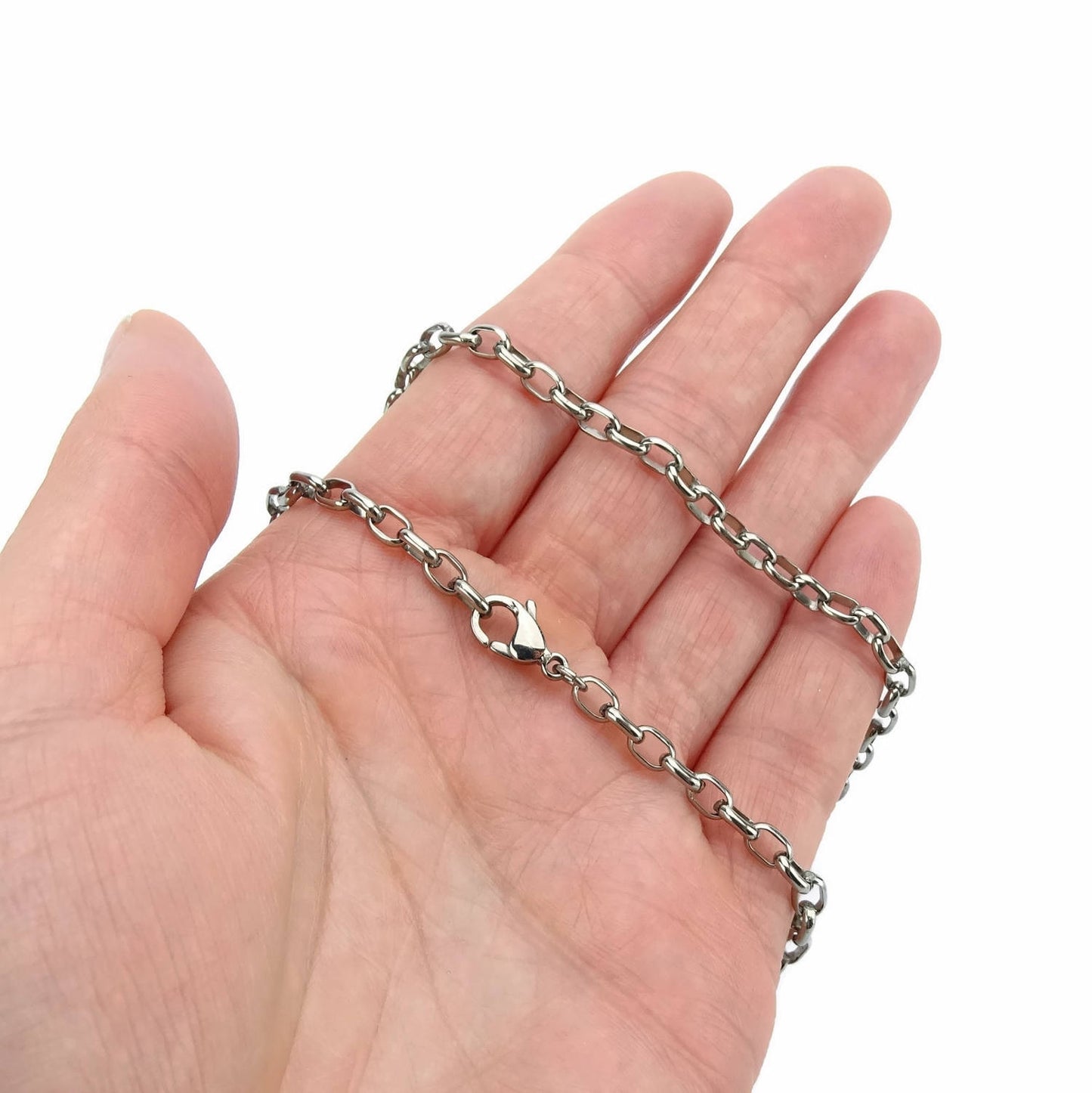 Mens Titanium Necklace, Half Round Oval Titanium 4 mm wide Chain Necklace for Sensitive Skin, Nickel Free Pure Titanium Jewelry for Him