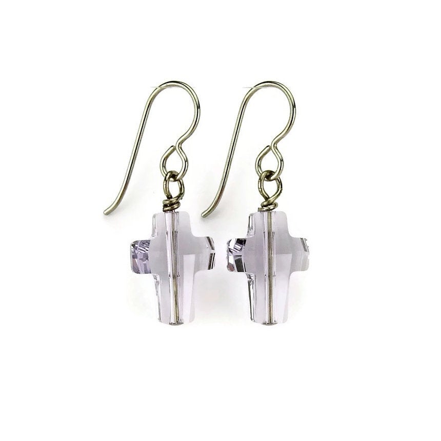 Smoky Mauve Cross Titanium Earrings, Niobium Wire Wrapped Pale Purple Swarovski Crystal, Hypoallergenic Nickel Free Sensitive Ears Earrings
