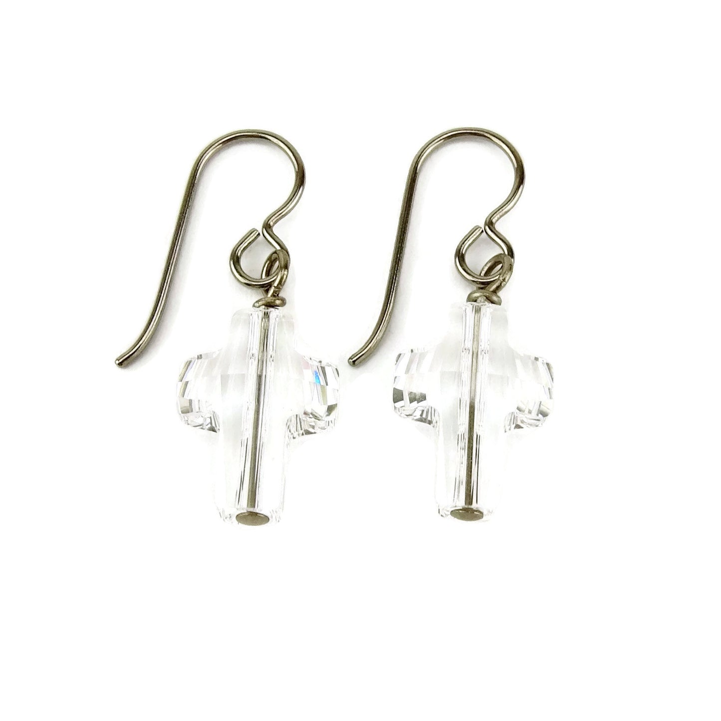 Clear Crystal Cross Titanium Earrings, Swarovski Crystal Cross Earrings for Sensitive Ears on Nickel Free Niobium or Titanium Earwires,