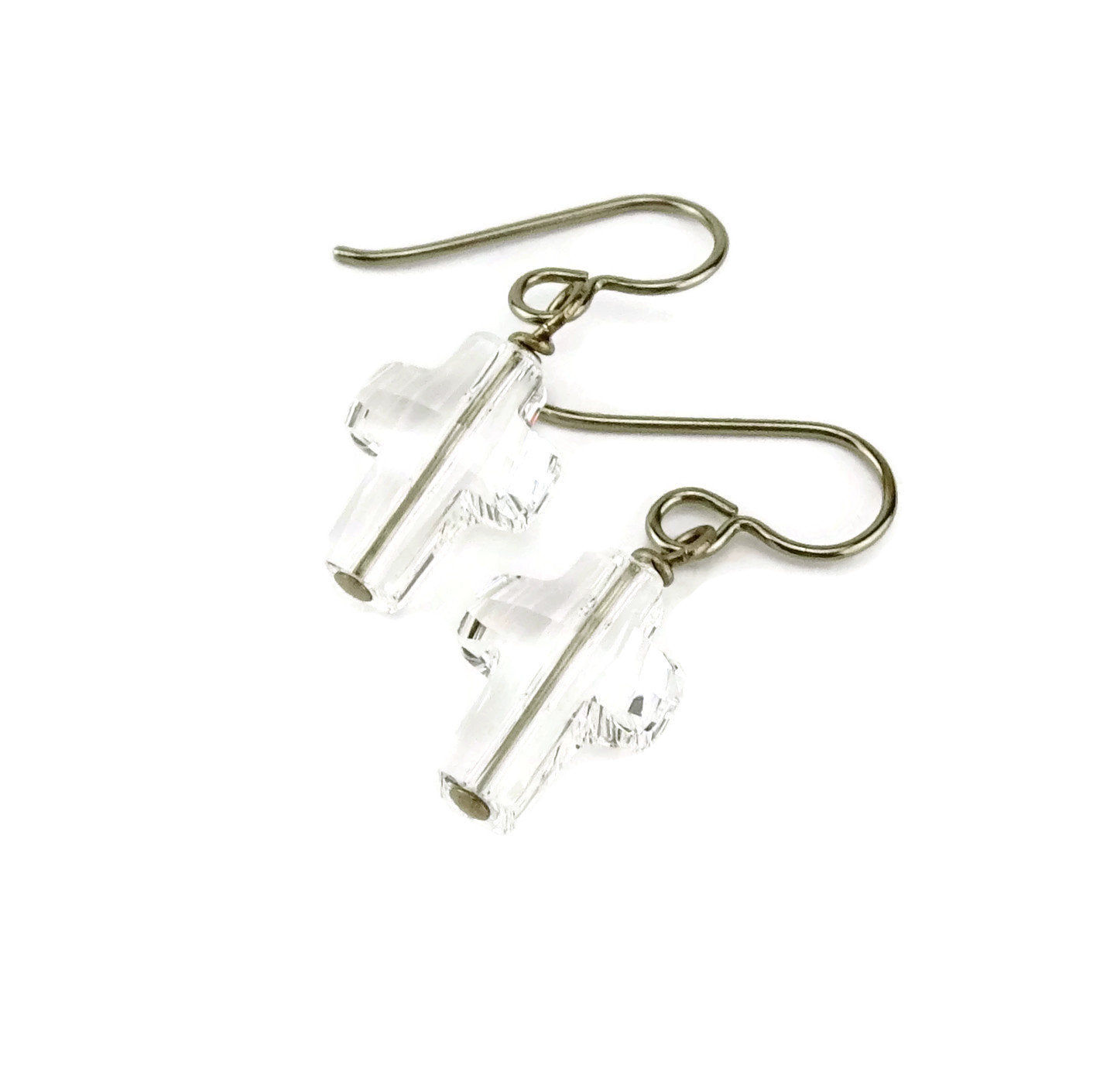 Clear Crystal Cross Titanium Earrings, Swarovski Crystal Cross Earrings for Sensitive Ears on Nickel Free Niobium or Titanium Earwires,