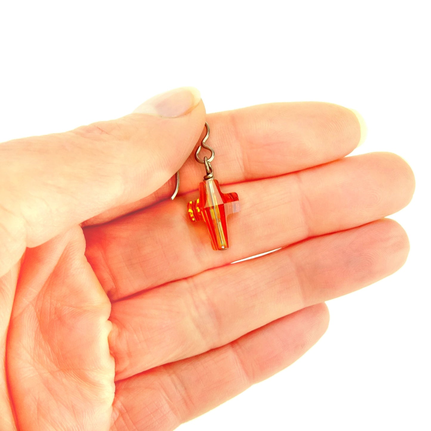 Astral Pink Cross Titanium Earrings, Niobium Wire Wrapped Swarovski Crystal, Hypoallergenic Nickel Free Earrings for Sensitive Ears, Orange