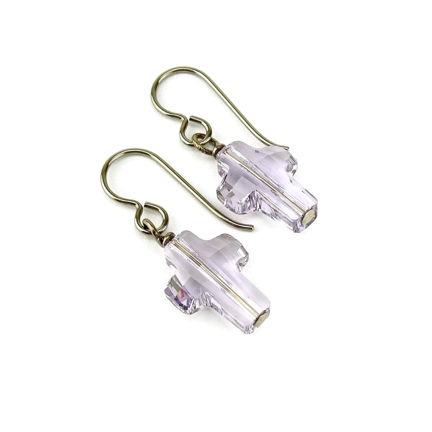 Smoky Mauve Cross Titanium Earrings, Niobium Wire Wrapped Pale Purple Swarovski Crystal, Hypoallergenic Nickel Free Sensitive Ears Earrings