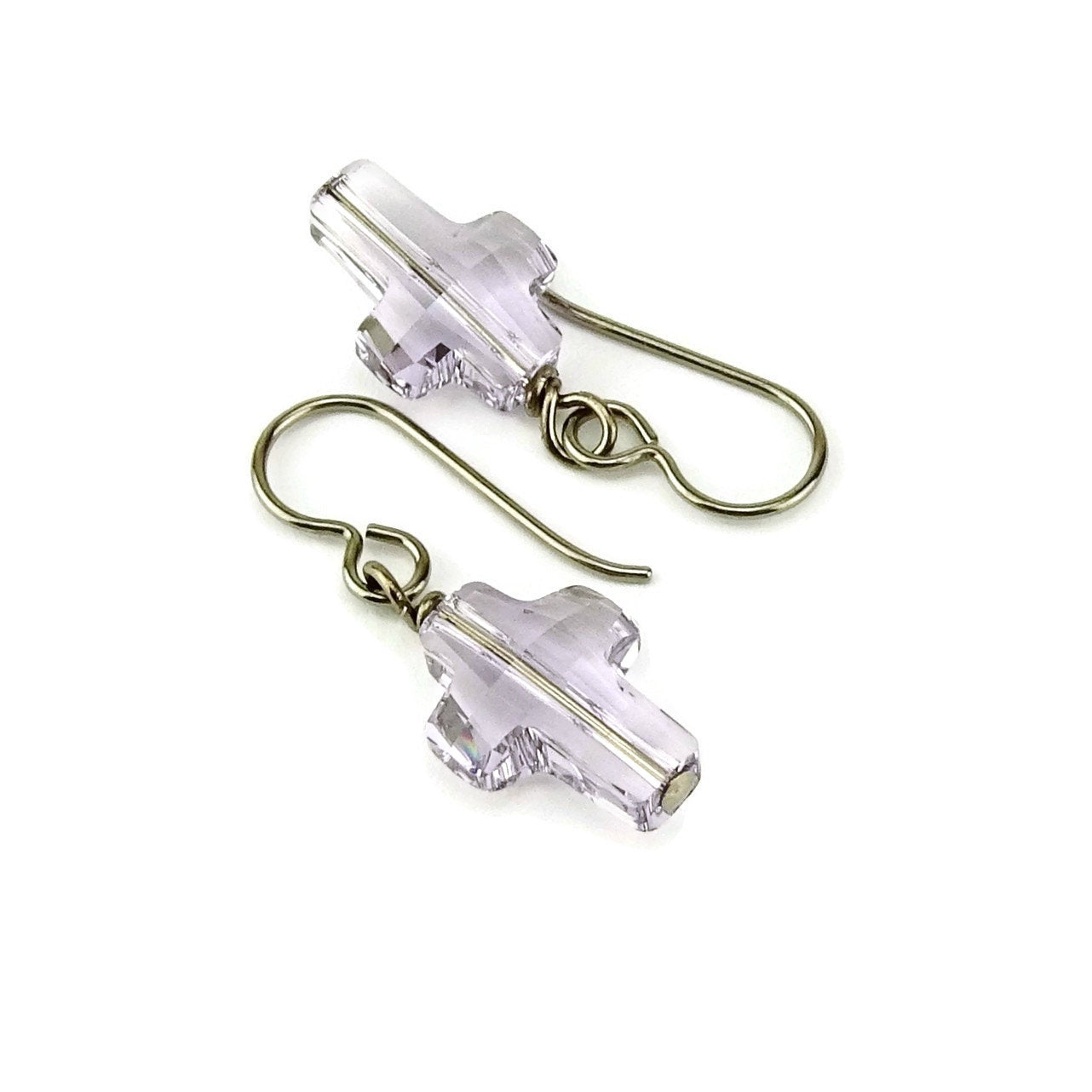 Smoky Mauve Cross Titanium Earrings, Niobium Wire Wrapped Pale Purple Swarovski Crystal, Hypoallergenic Nickel Free Sensitive Ears Earrings