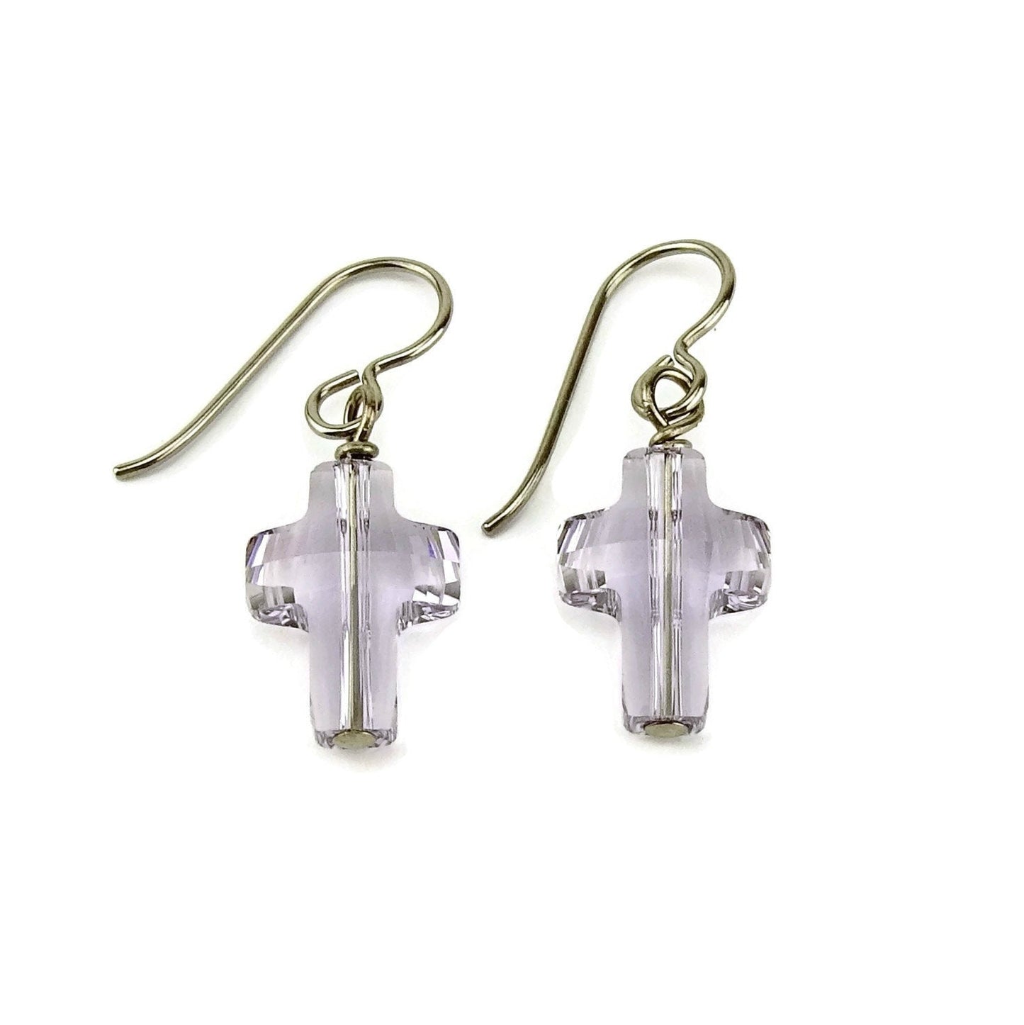 Smoky Mauve Cross Titanium Earrings, Niobium Wire Wrapped Pale Purple Swarovski Crystal, Hypoallergenic Nickel Free Sensitive Ears Earrings