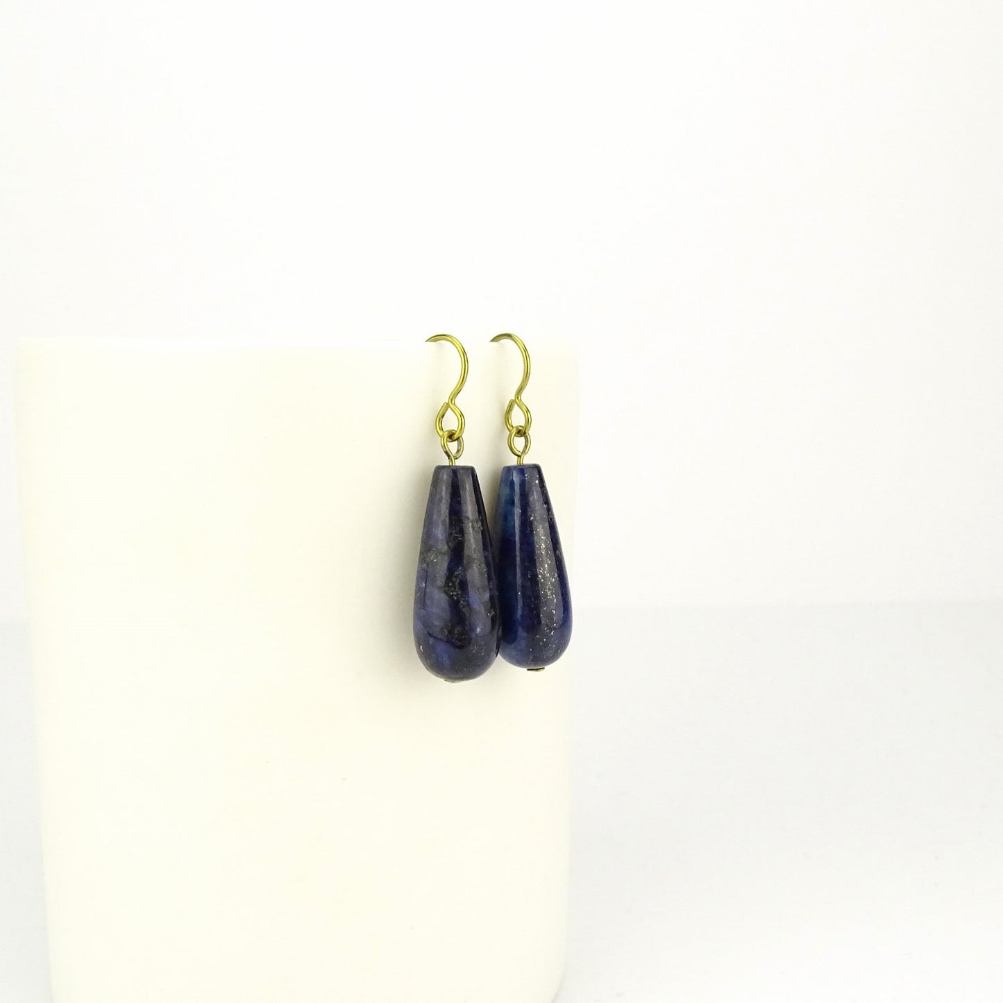Lapis Lazuli Teardrop Gold Niobium Earrings, Dark Royal Blue Stone Nickel Free Earrings, Hypoallergenic Gold Color Earrings