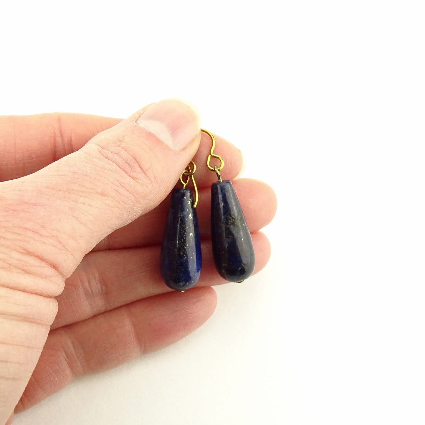 Lapis Lazuli Teardrop Gold Niobium Earrings, Dark Royal Blue Stone Nickel Free Earrings, Hypoallergenic Gold Color Earrings