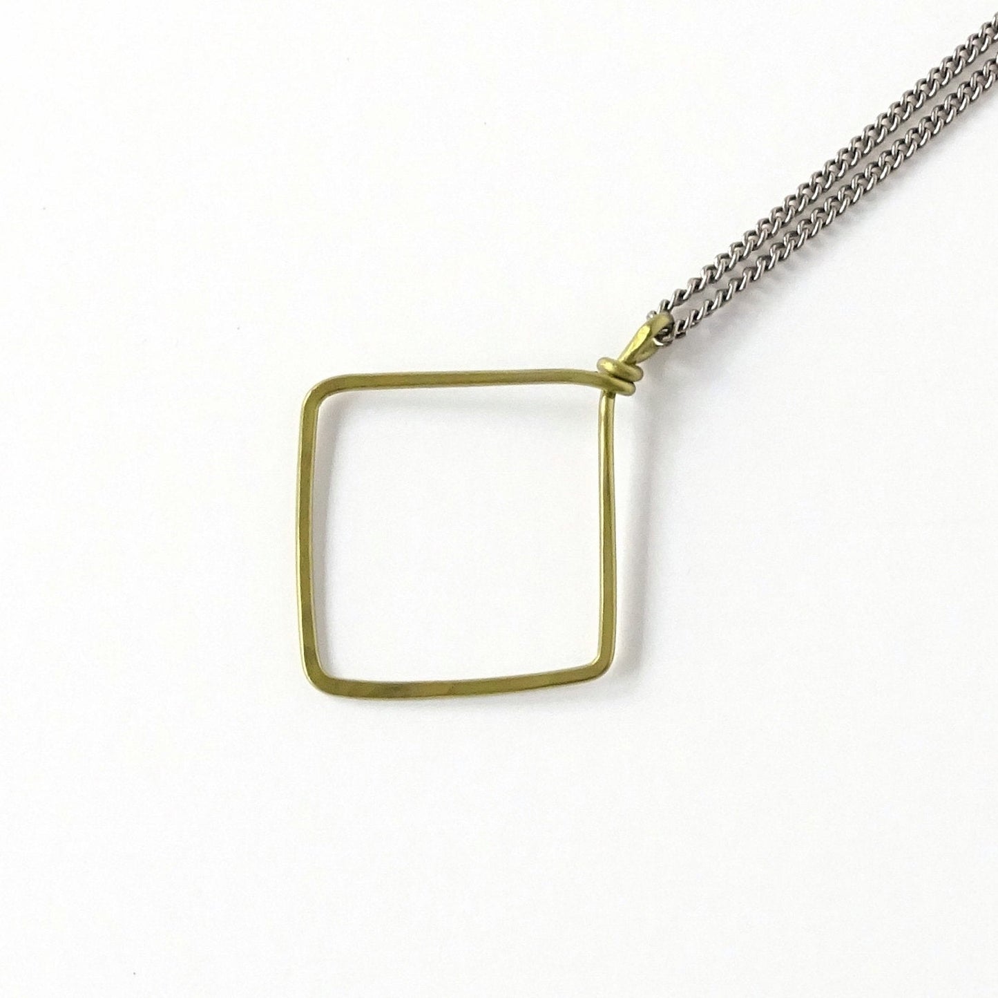 Diamond Square Hoop Titanium Necklace, Hammered Geometric Gold Niobium Pendant, Hypoallergenic Nickel Free Necklace for Sensitive Skin