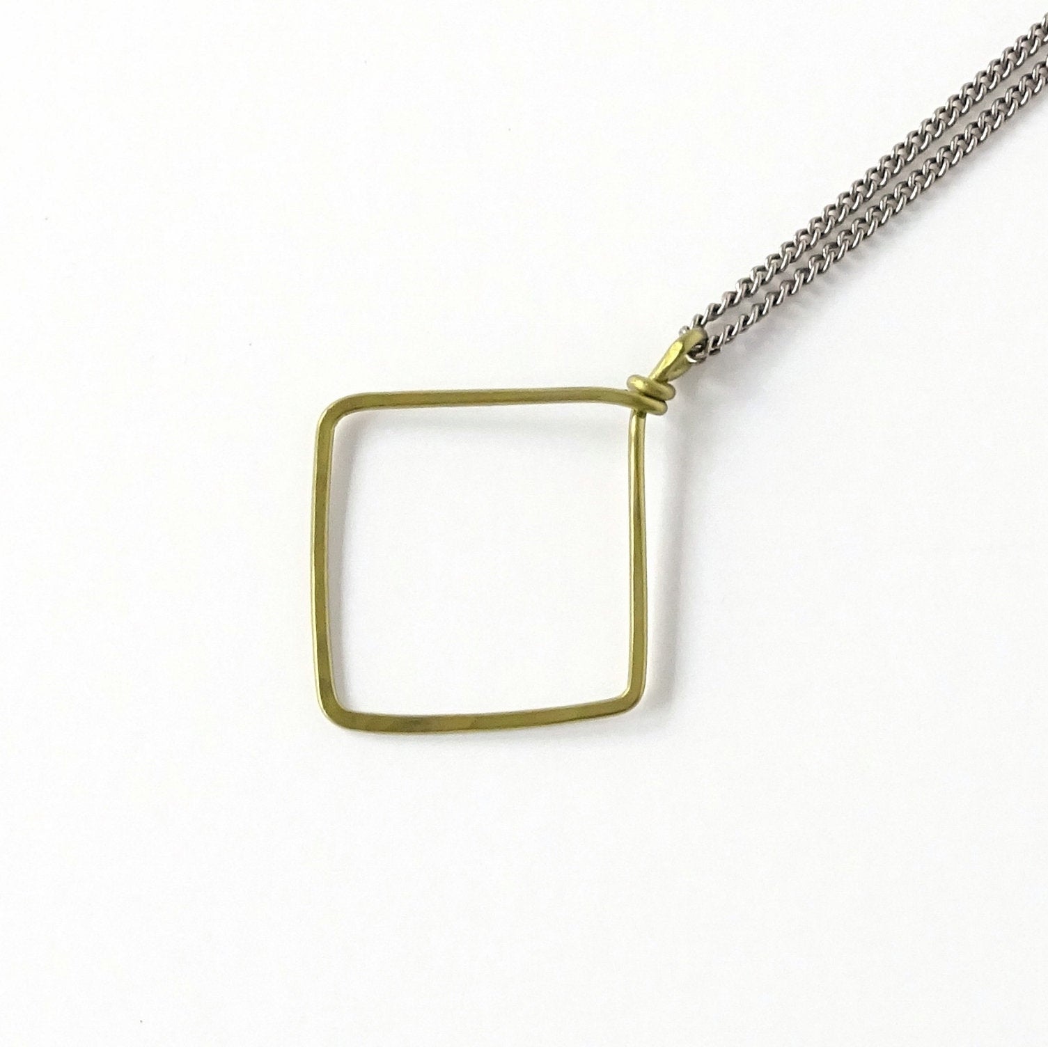 Diamond Square Hoop Titanium Necklace, Hammered Geometric Gold Niobium Pendant, Hypoallergenic Nickel Free Necklace for Sensitive Skin