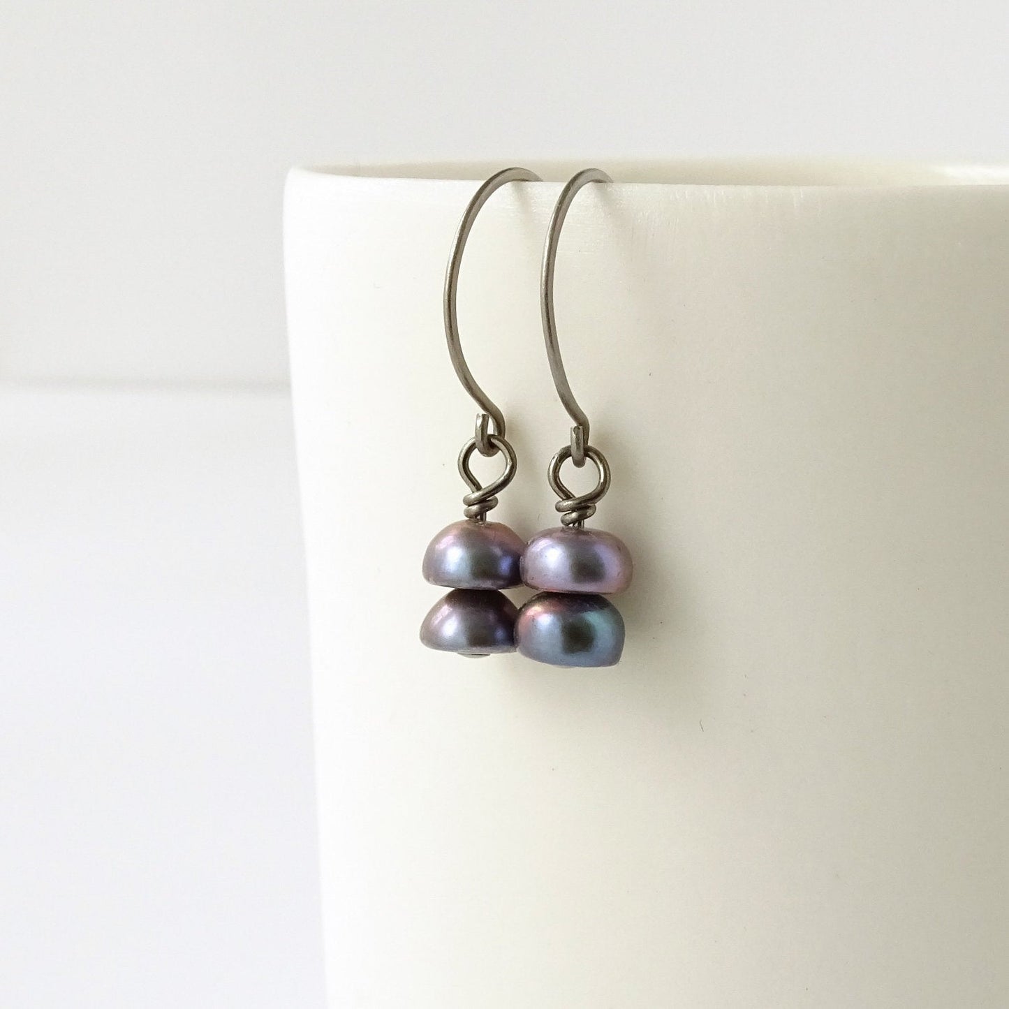Gray Peacock Pearl Niobium Earrings, Grey Button Pearl Titanium Earrings for Sensitive Ears, Hypoallergenic Nickel Free, Freshwater Pearls