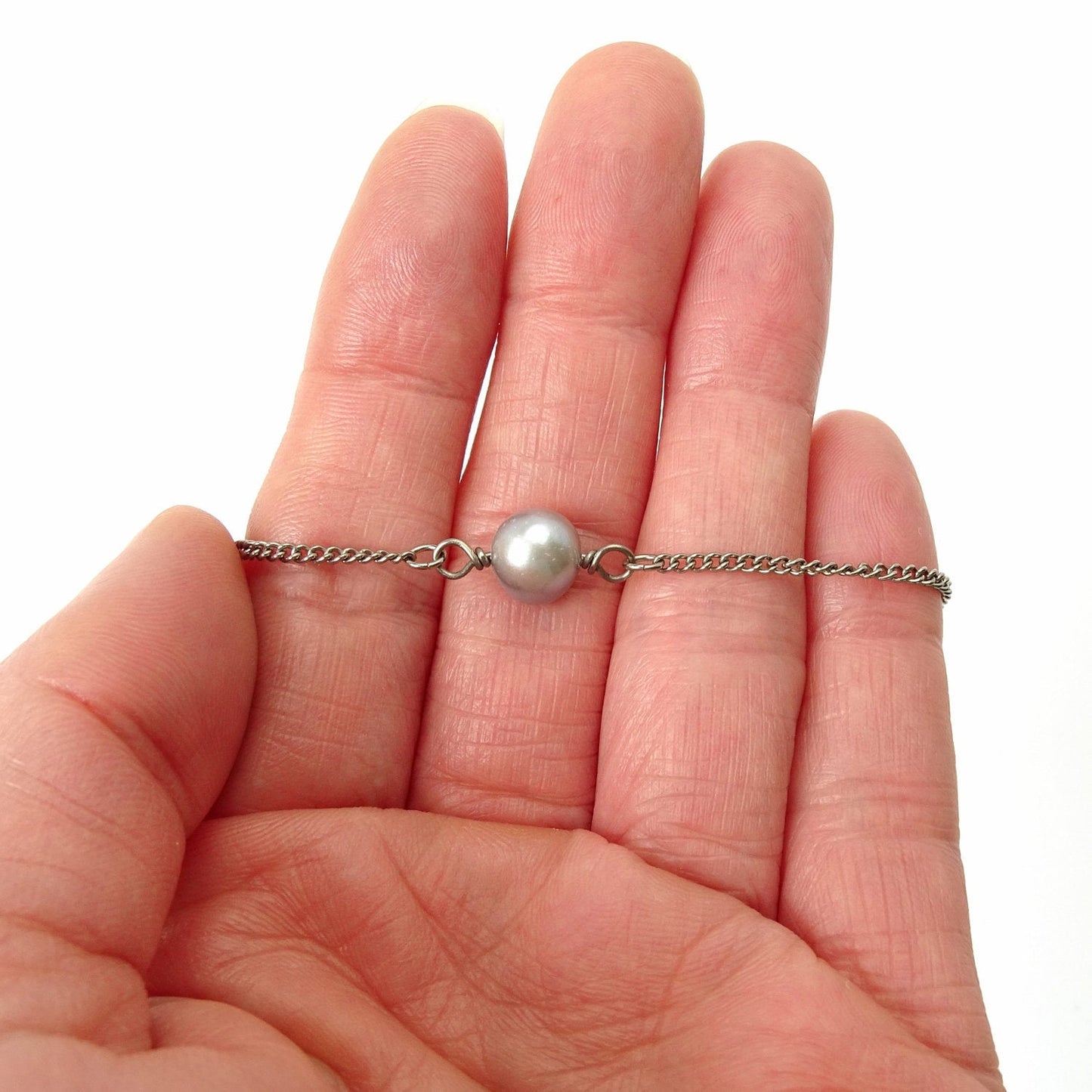 Single Gray Pearl Titanium Necklace, Freshwater Pearl Niobium Bridal Necklace, Hypoallergenic Nickel Free for Sensitive Skin