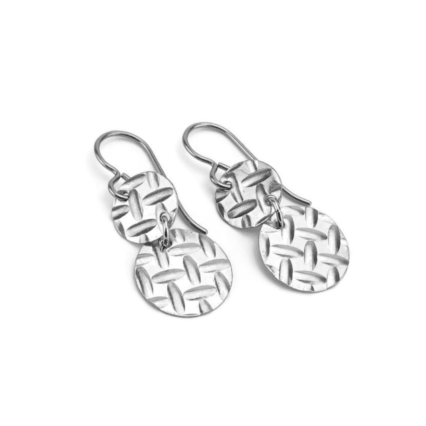 Nickel Free Double Disc Earrings, Armor Patterned Niobium Discs Titanium Earrings, Hypoallergenic Embossed Disk Earrings for Sensitive Ears