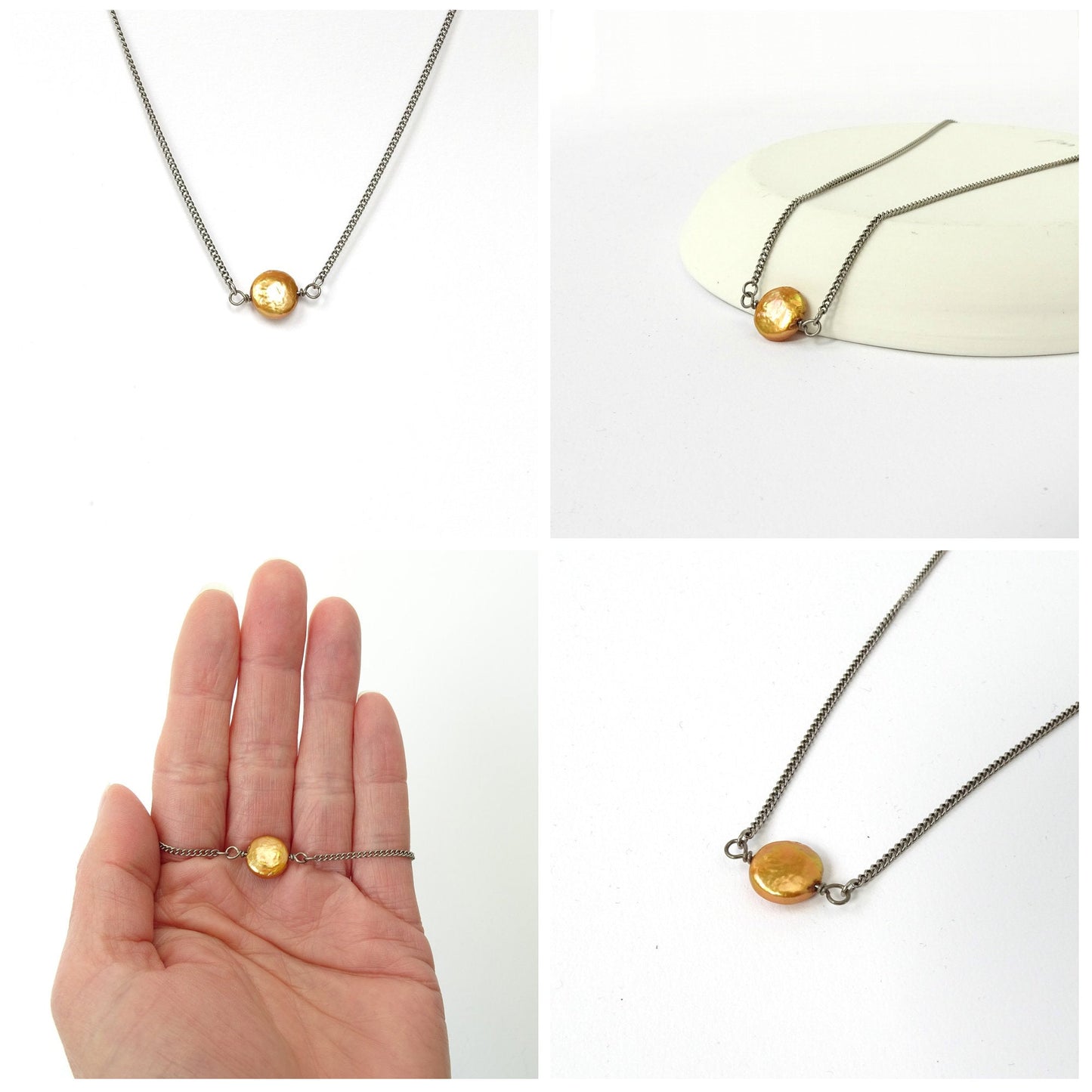 Golden Coin Pearl Titanium Necklace, Copper Freshwater Pearl Niobium Bridal Necklace, Hypoallergenic Nickel Free Sensitive Skin Jewelry