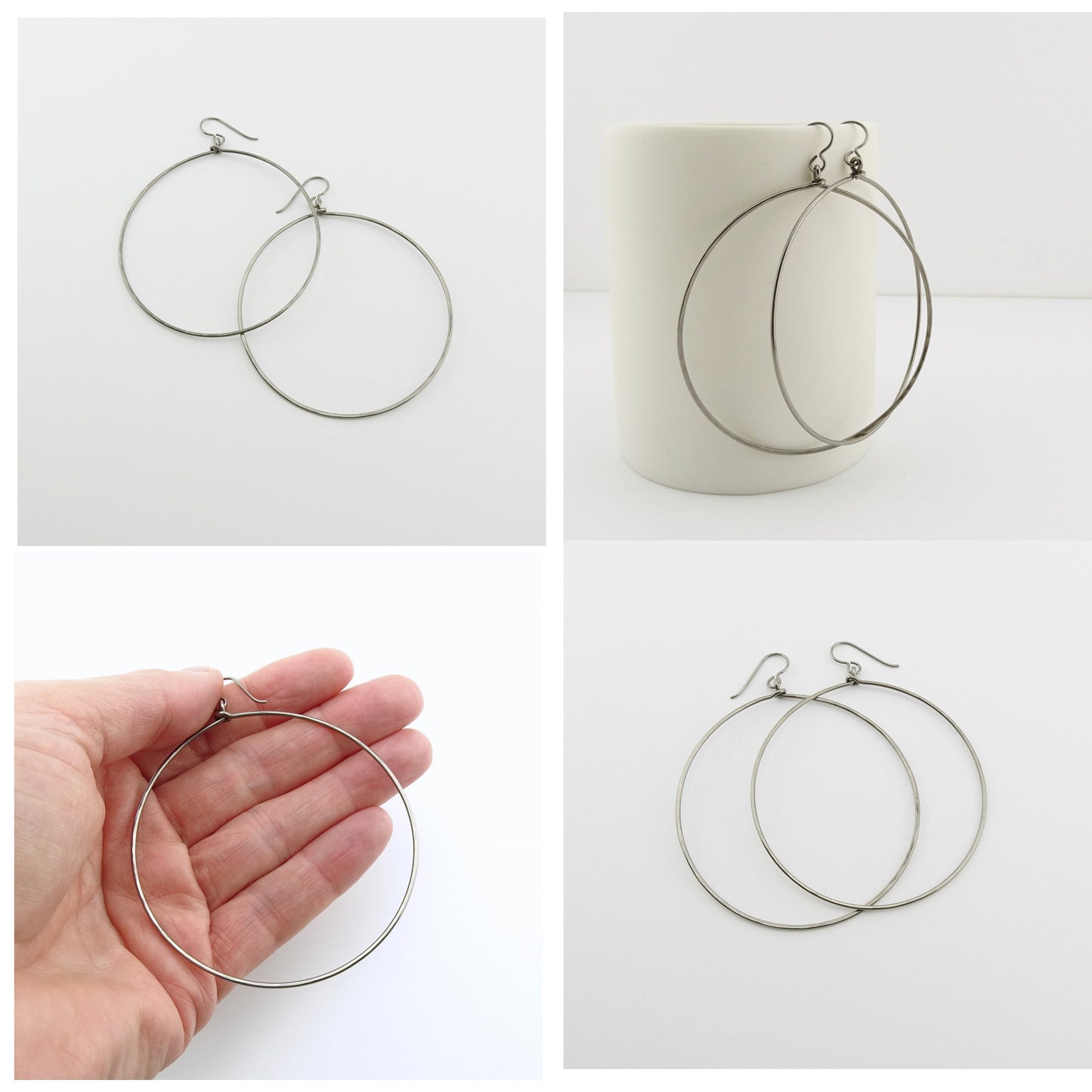 Large Dangle Niobium Hoops, Titanium Hoop Earrings for Sensitive Ears, Nickel Free Hypoallergenic Big Hoops, Silver Gray Niobium,