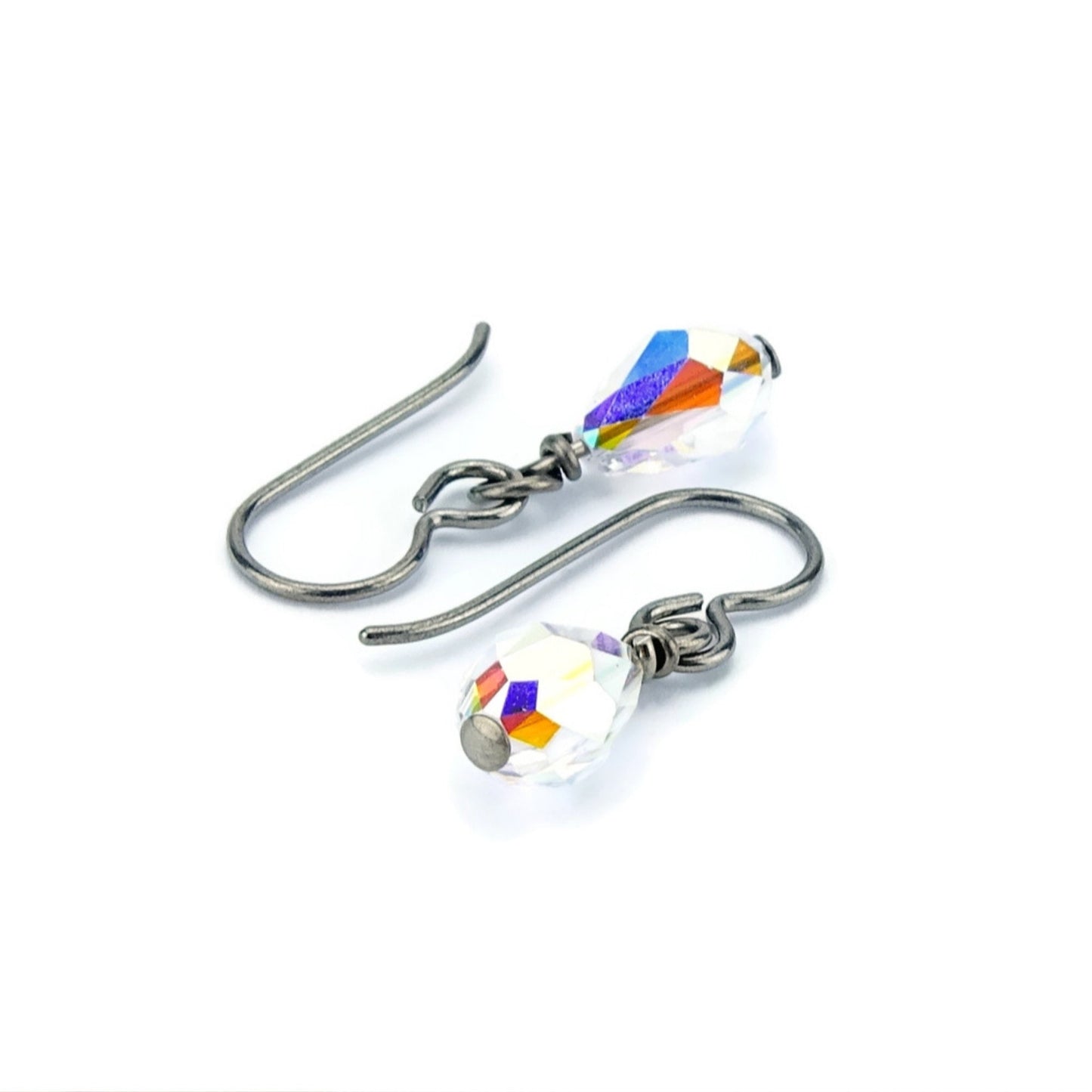 Niobium Earrings Crystal Aurora Borealis Hypo Allergenic Titanium Earrings, Swarovski Crystal Teardrop No Nickel Earrings for Sensitive Ears