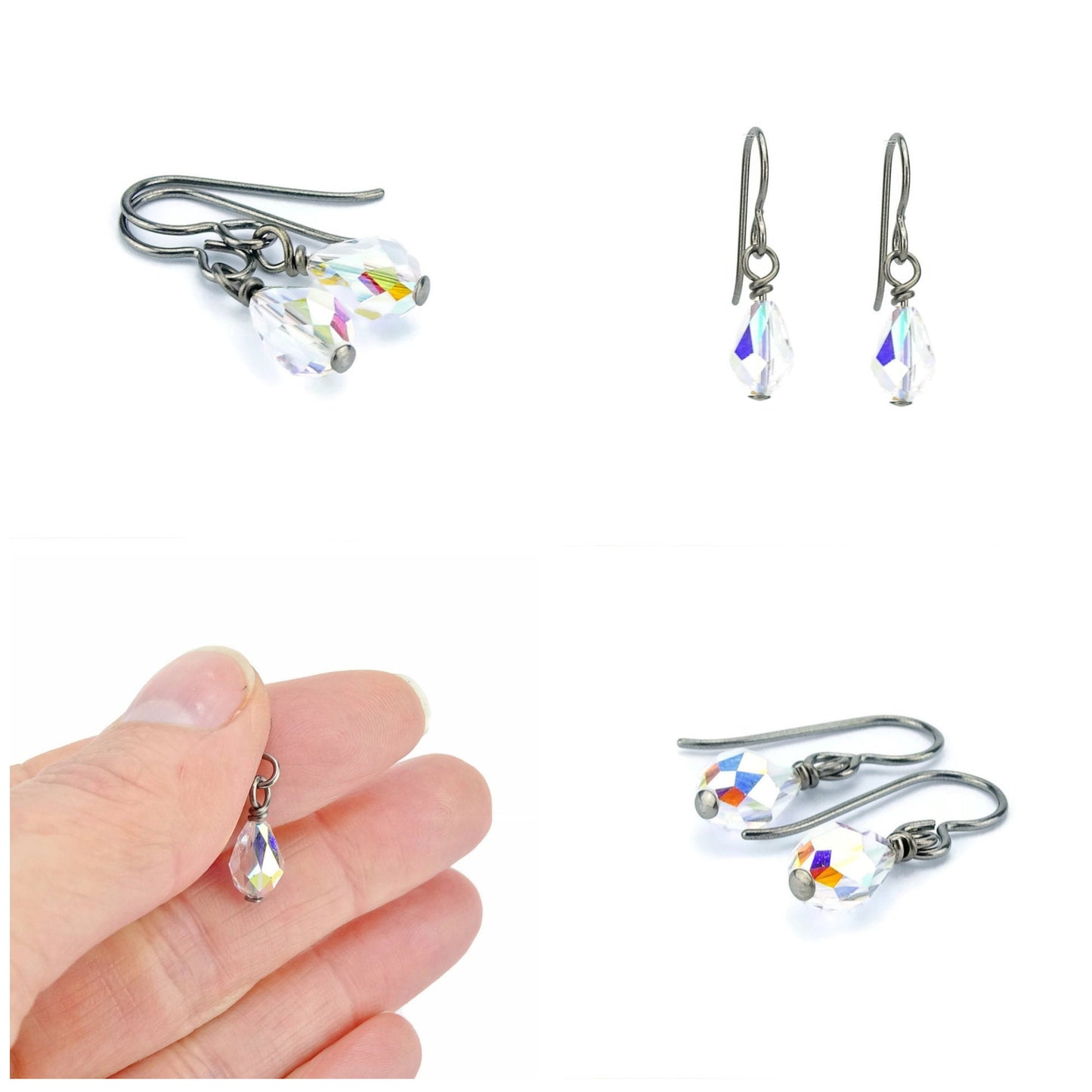 Niobium Earrings Crystal Aurora Borealis Hypo Allergenic Titanium Earrings, Swarovski Crystal Teardrop No Nickel Earrings for Sensitive Ears