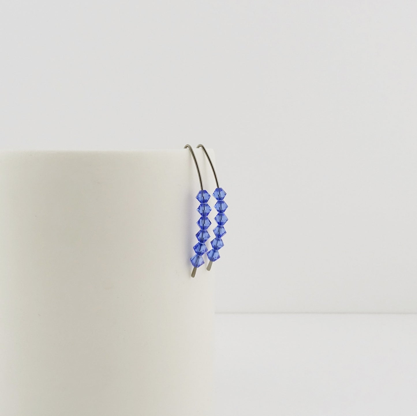 Sapphire Blue Slider Wishbone Threaders Niobium Earrings, Swarovski Crystal, Nickel Free Hypoallergenic Threader Earrings for Sensitive Ears