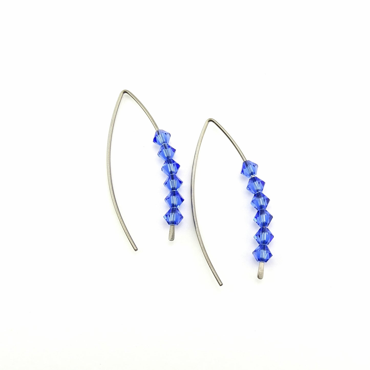 Sapphire Blue Slider Wishbone Threaders Niobium Earrings, Swarovski Crystal, Nickel Free Hypoallergenic Threader Earrings for Sensitive Ears