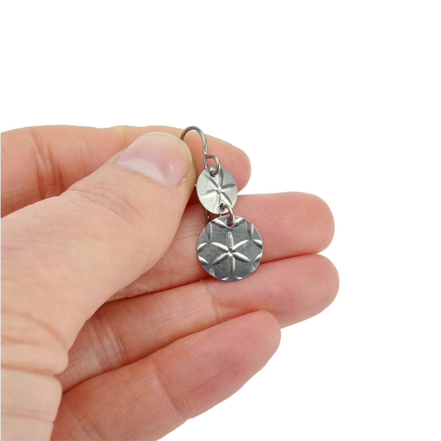 Titanium Earrings Double Disc Earrings, Star Patterned Discs Niobium Earrings, Hypoallergenic Nickel Free Disk Earrings for Sensitive Ears