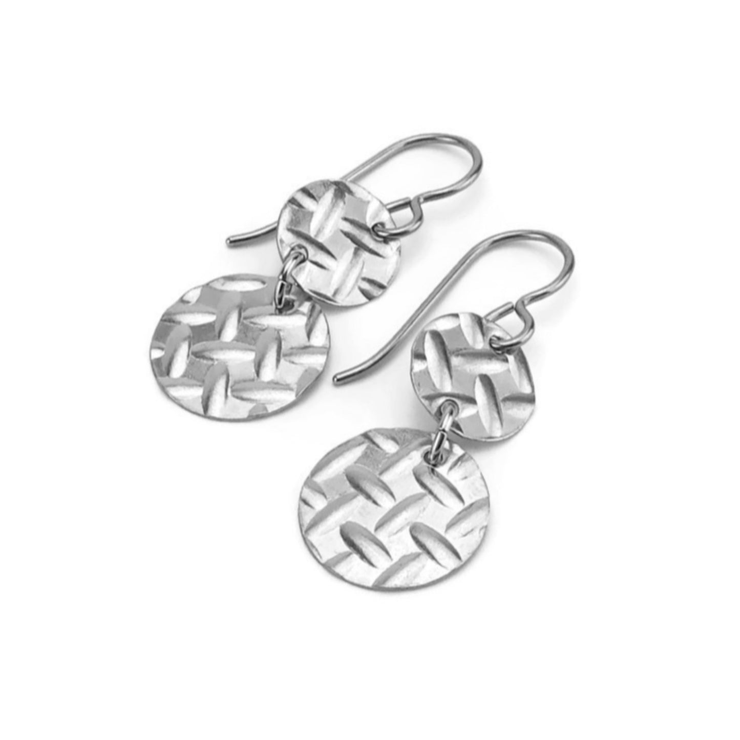 Nickel Free Double Disc Earrings, Armor Patterned Niobium Discs Titanium Earrings, Hypoallergenic Embossed Disk Earrings for Sensitive Ears