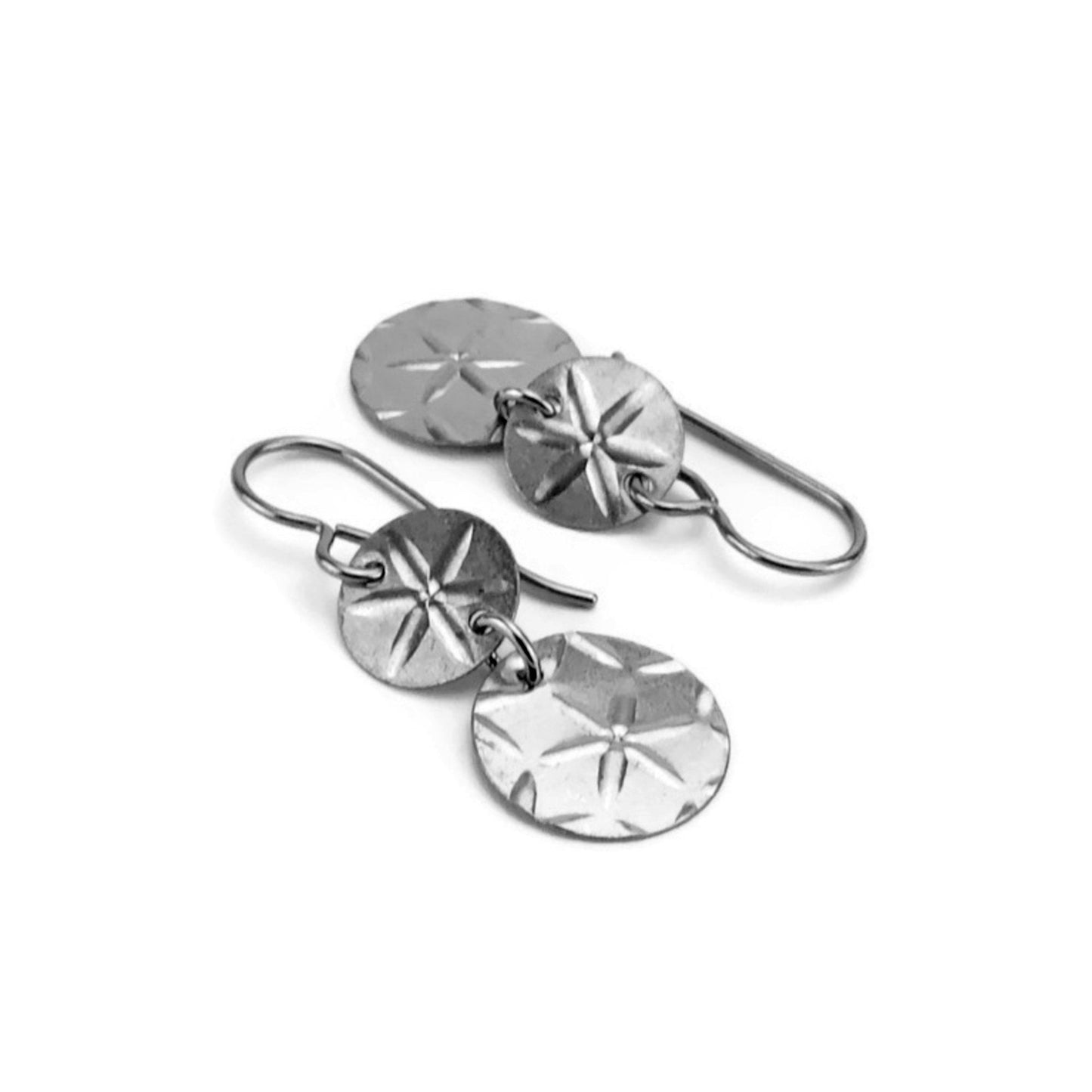 Titanium Earrings Double Disc Earrings, Star Patterned Discs Niobium Earrings, Hypoallergenic Nickel Free Disk Earrings for Sensitive Ears