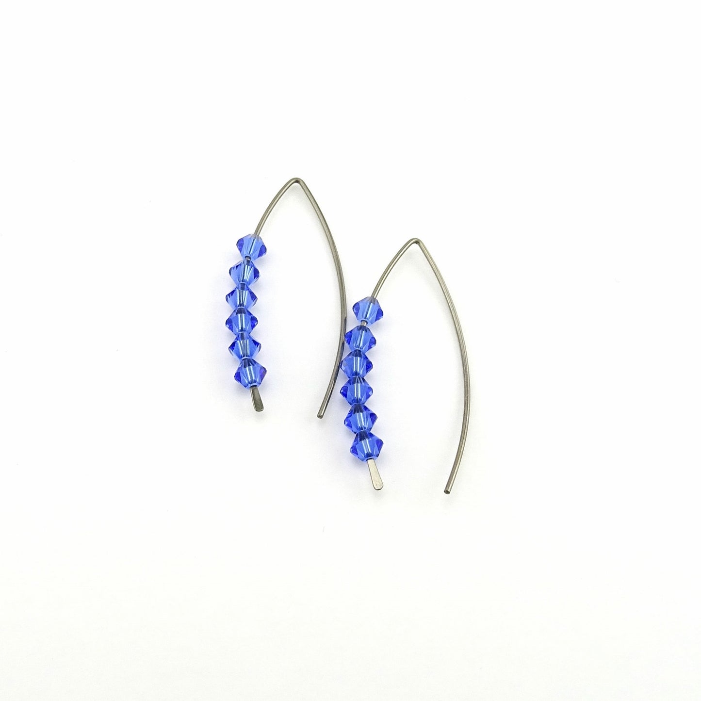Sapphire Blue Slider Wishbone Threaders Niobium Earrings, Swarovski Crystal, Nickel Free Hypoallergenic Threader Earrings for Sensitive Ears