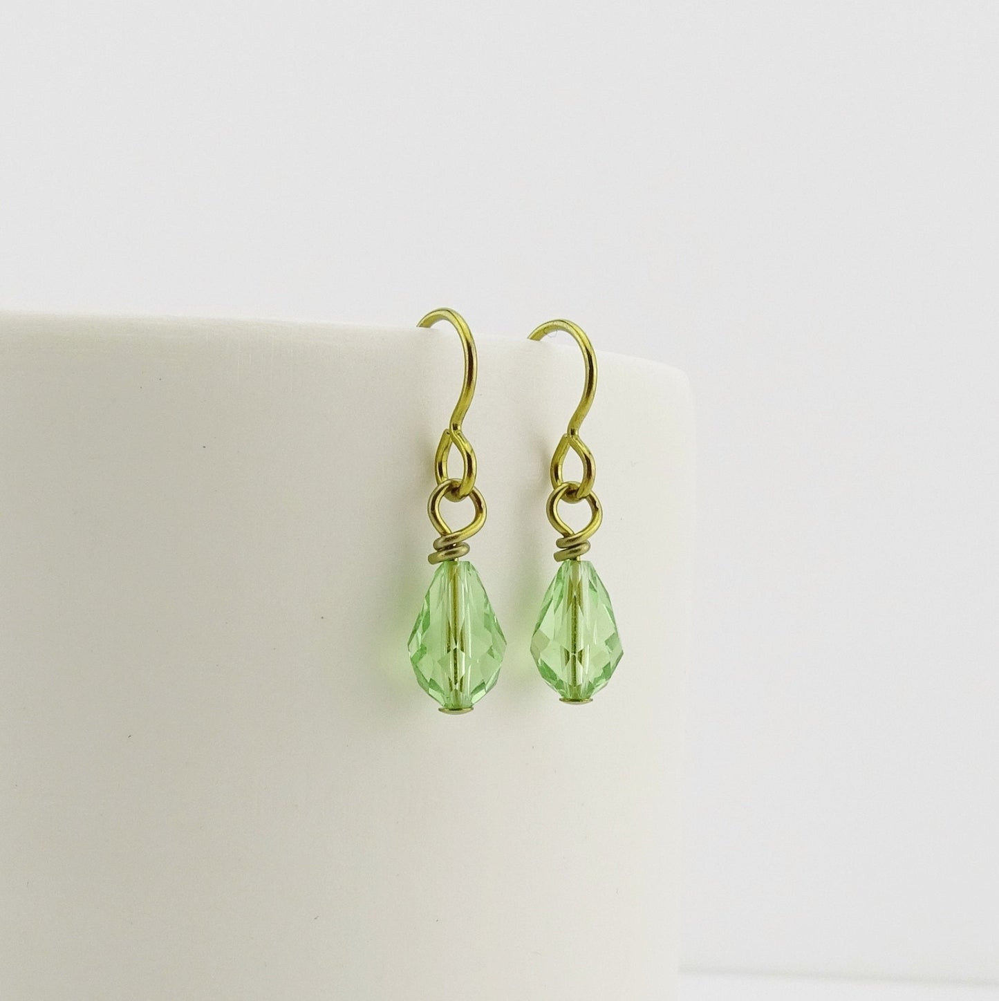 Peridot Teardrop Gold Niobium Earring, Green Crystal Swarovski Drop, Hypoallergenic Earrings for Sensitive Ears, Nickel Free Jewelry