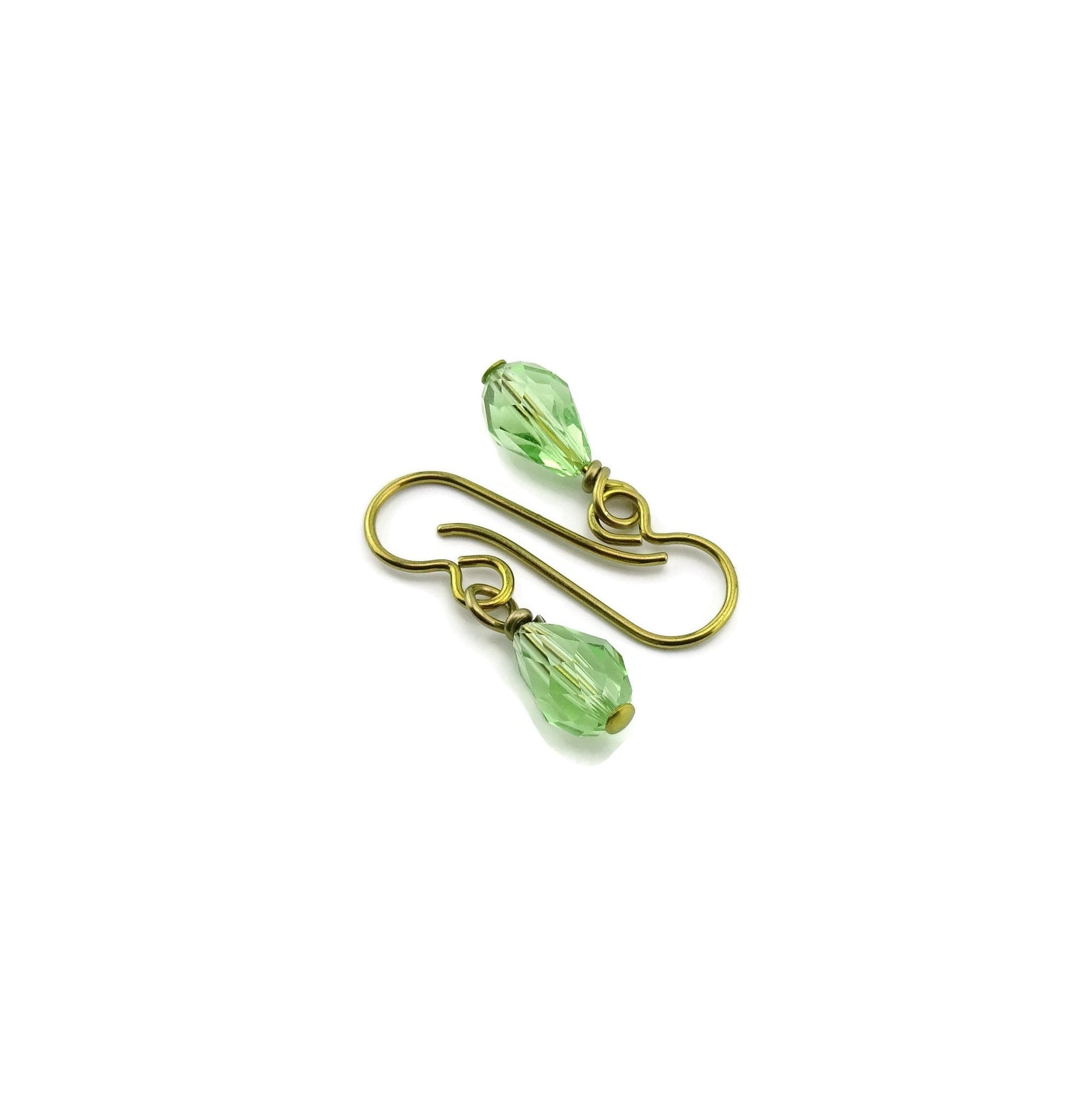 Peridot Teardrop Gold Niobium Earring, Green Crystal Swarovski Drop, Hypoallergenic Earrings for Sensitive Ears, Nickel Free Jewelry