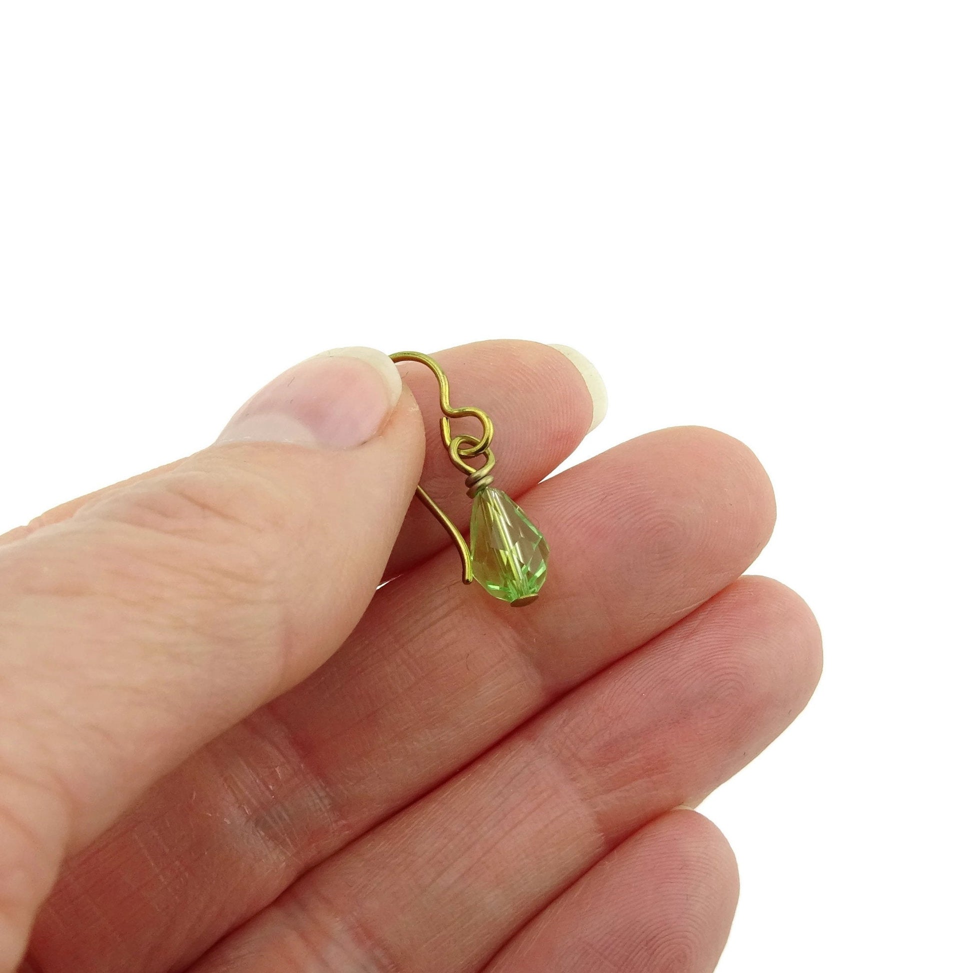 Peridot Teardrop Gold Niobium Earring, Green Crystal Swarovski Drop, Hypoallergenic Earrings for Sensitive Ears, Nickel Free Jewelry