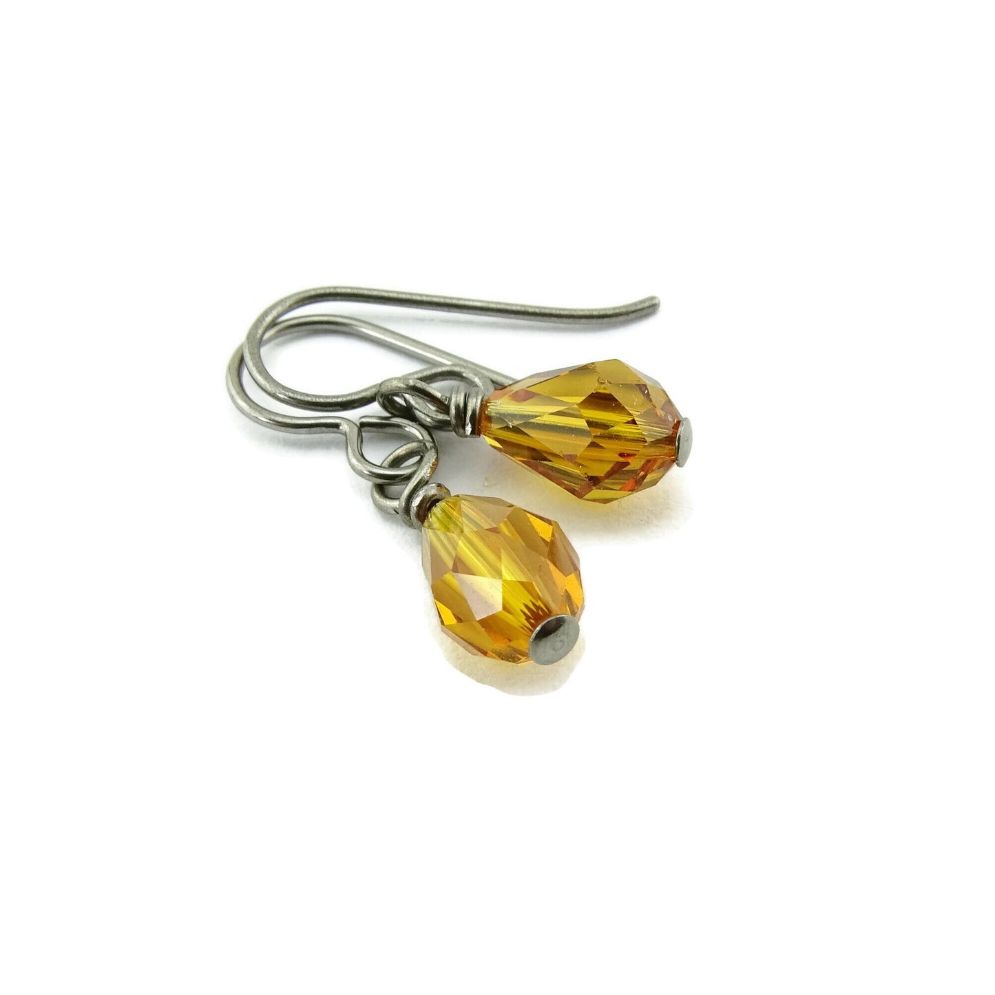 Topaz Teardrop Titanium Earrings, Honey Amber Swarovski Crystal Drops, Nickel Free Niobium Earrings, Hypo-allergenic Sensitive Ear Earrings
