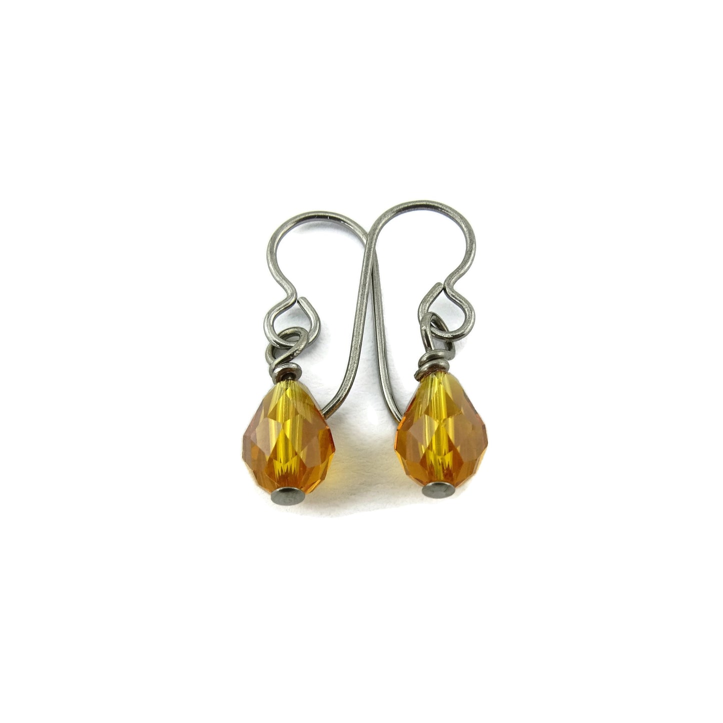 Topaz Teardrop Titanium Earrings, Honey Amber Swarovski Crystal Drops, Nickel Free Niobium Earrings, Hypo-allergenic Sensitive Ear Earrings