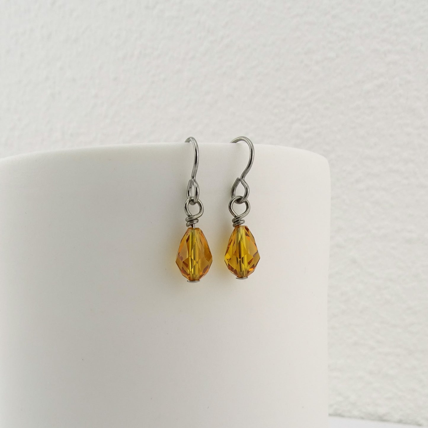 Topaz Teardrop Titanium Earrings, Honey Amber Swarovski Crystal Drops, Nickel Free Niobium Earrings, Hypo-allergenic Sensitive Ear Earrings