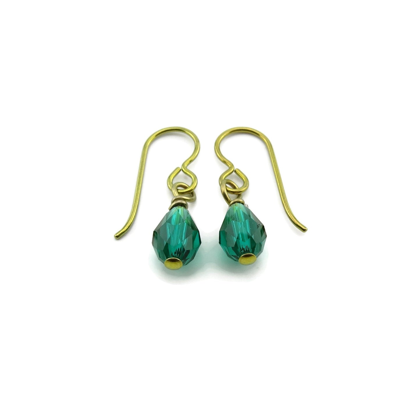 Emerald Teardrop Gold Niobium Earrings, Green Crystal Swarovski Drop, Nickel Free Earrings for Sensitive Ears, Hypoallergenic Jewelry