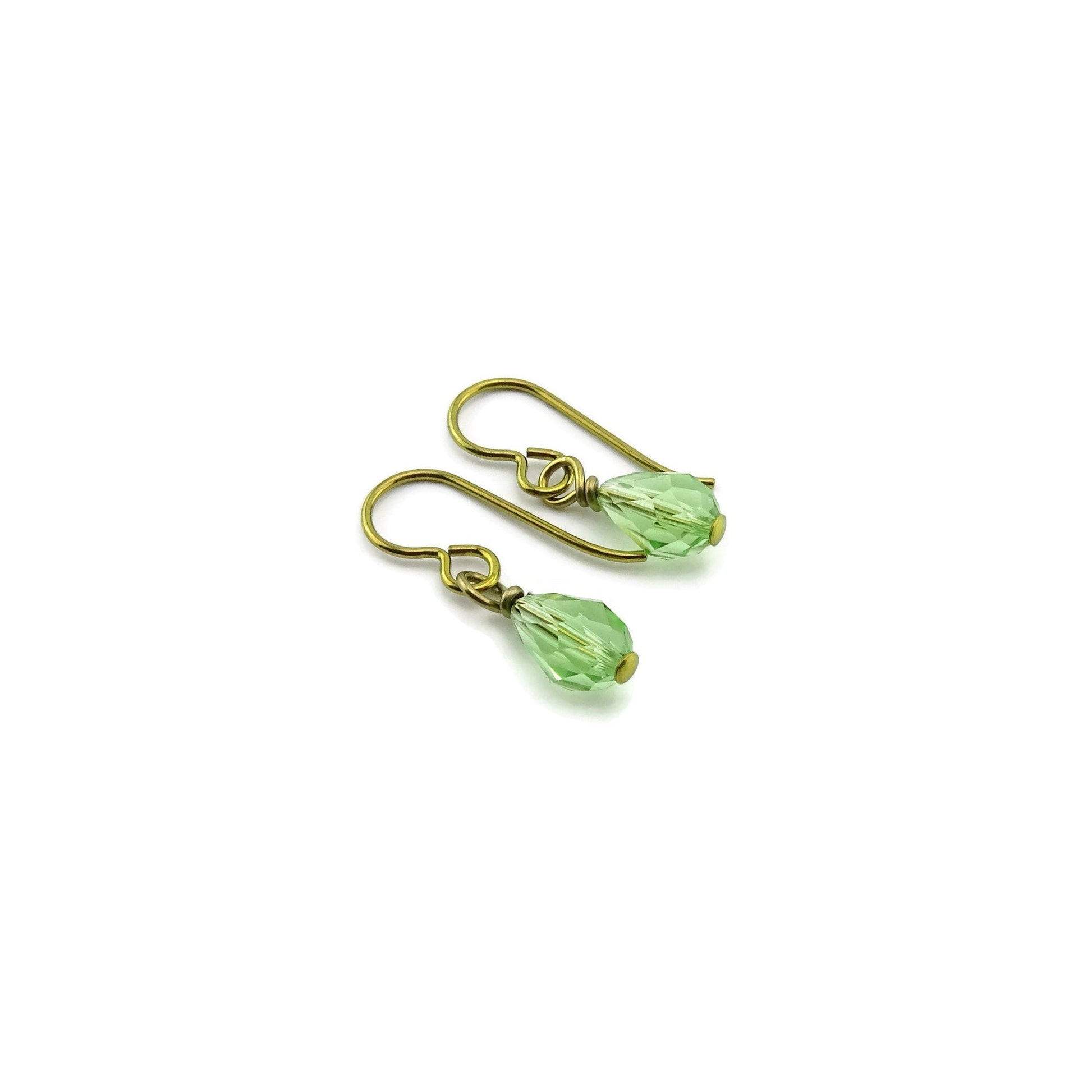 Peridot Teardrop Gold Niobium Earring, Green Crystal Swarovski Drop, Hypoallergenic Earrings for Sensitive Ears, Nickel Free Jewelry