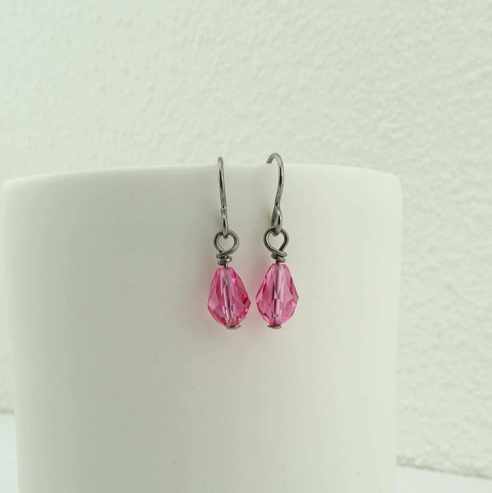 Rose Pink Teardrop Titanium Earrings, Swarovski Crystal Drop Earrings, Nickel Free Hypoallergenic Niobium Earrings for Sensitive Ears