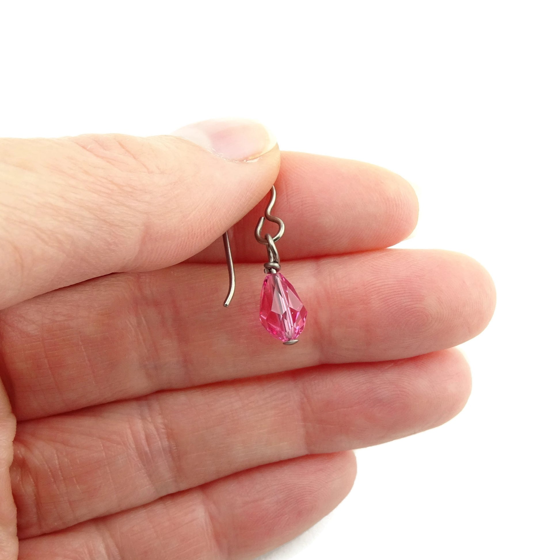 Rose Pink Teardrop Titanium Earrings, Swarovski Crystal Drop Earrings, Nickel Free Hypoallergenic Niobium Earrings for Sensitive Ears