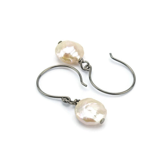 Ivory Coin Pearl Niobium Earrings, Freshwater Pearls Nickel Free Earrings For Sensitive Ears, Hypoallergenic Titanium, White Pearl Earrings