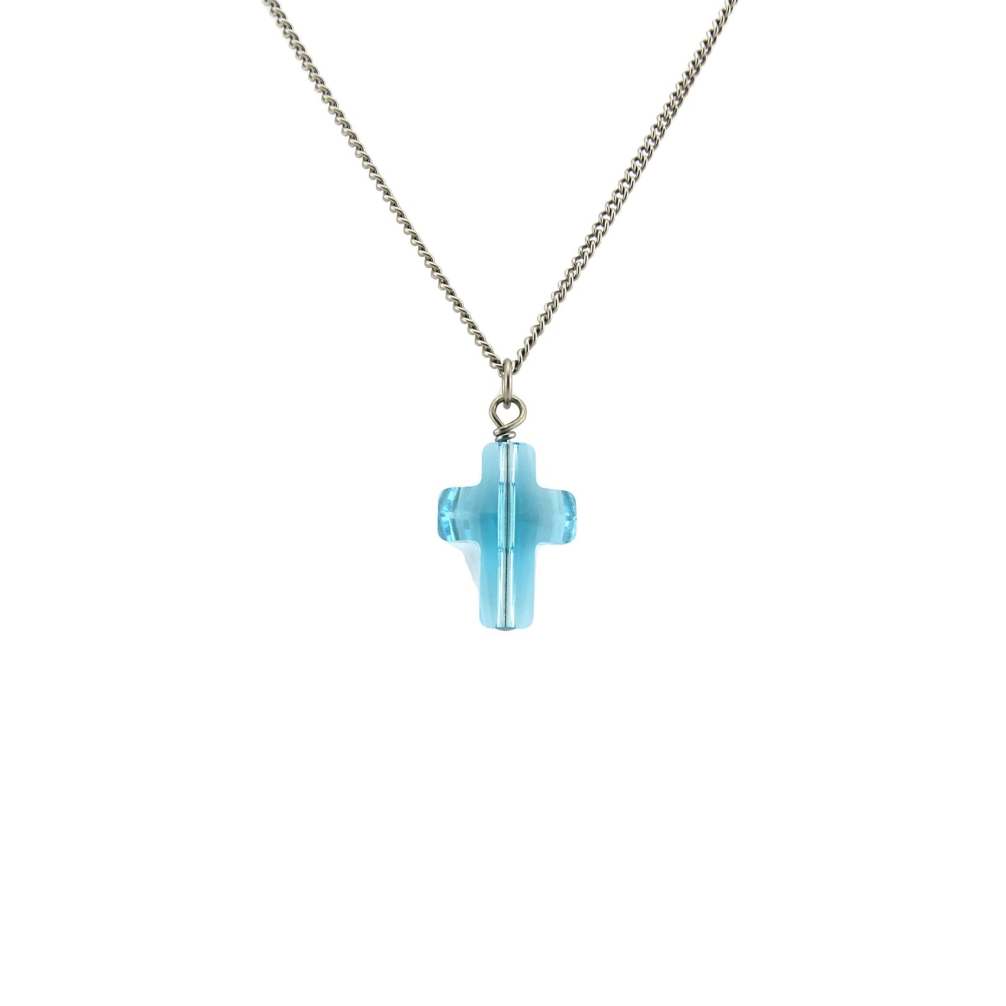Aqua Blue Cross Titanium Necklace, Light Turquoise Swarovski Crystal Nickel Free Sensitive Skin Necklace, Hypoallergenic Titanium Jewelry